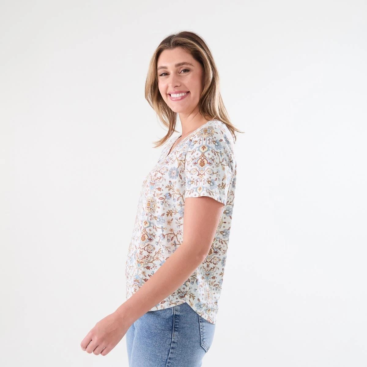 2 Short Sleeve Linen Blend V-Neck T-shirt BOHO FLORAL BRUNI BLUE, 2 of 5
