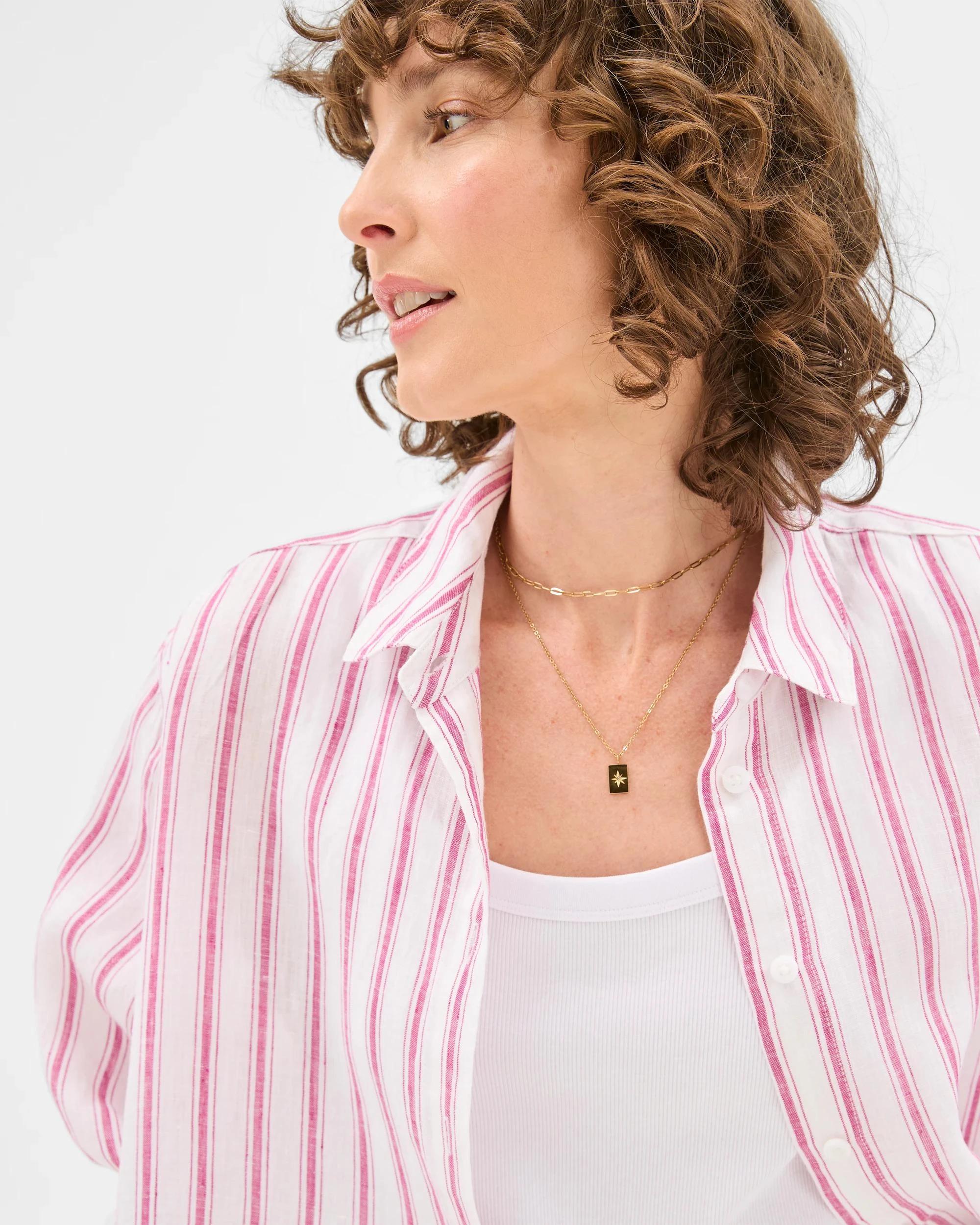 4 Target Woman European Linen Long Sleeve Shirt MAGENTA STRIPE, 4 of 6