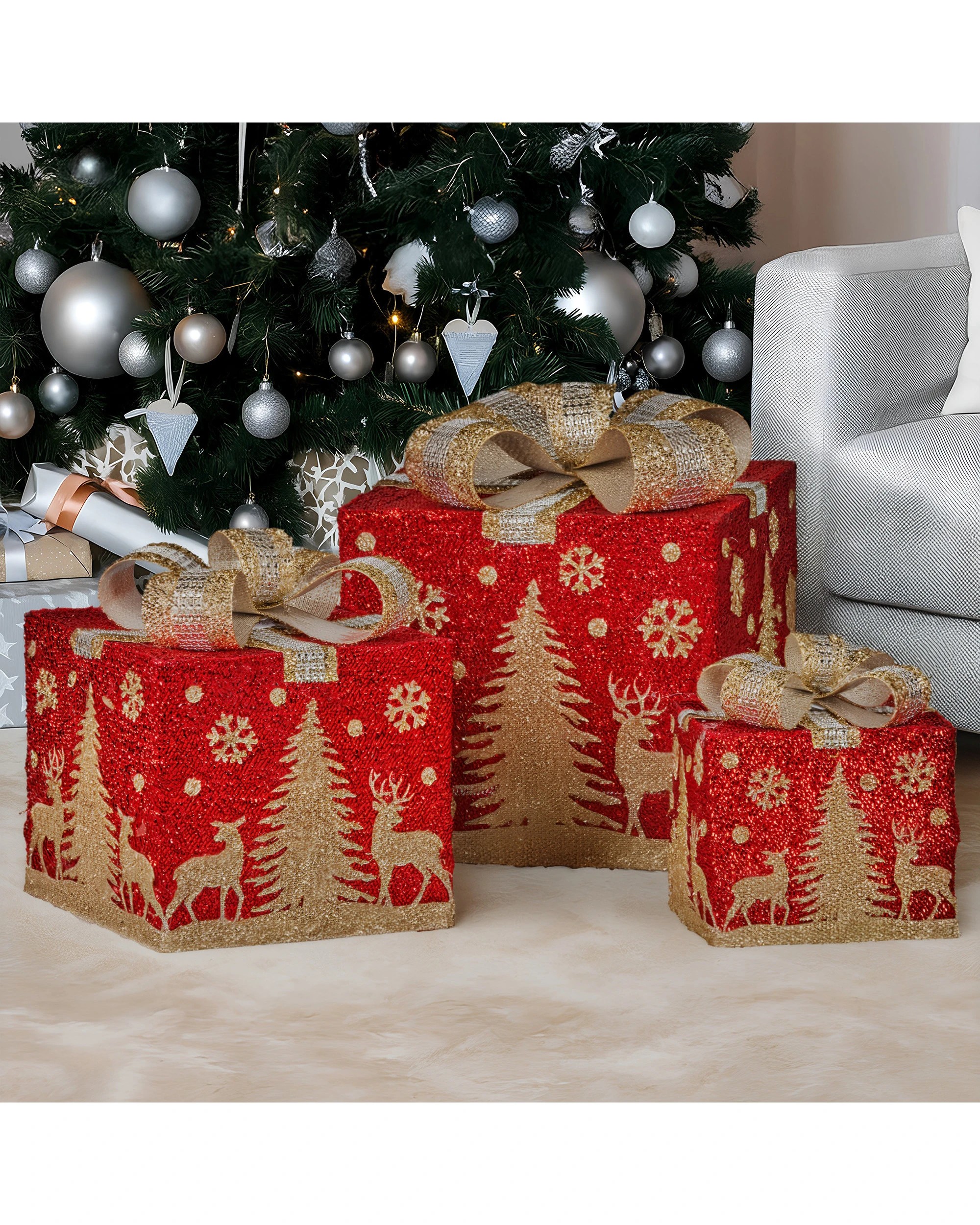 5 Christabelle Set Of 3 Christmas Gift Box Display With Led Lights And Bows Decoration Ornament, 5 of 6