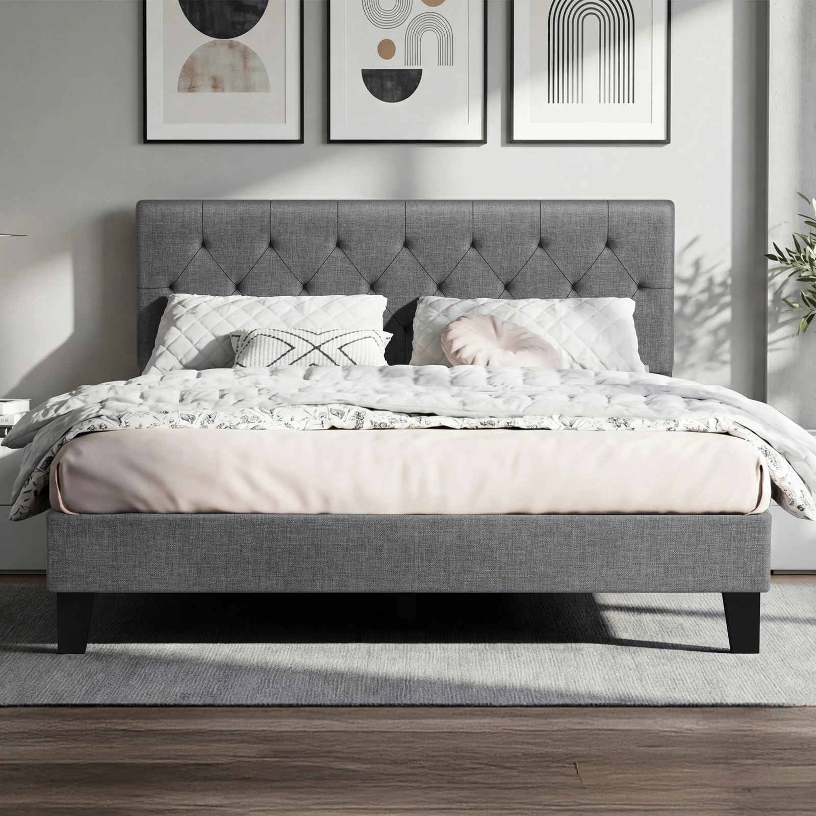 2 Alfordson Bed Frame Queen Size Tufted Headboard Modern Fabric Meduna - Grey, 2 of 9