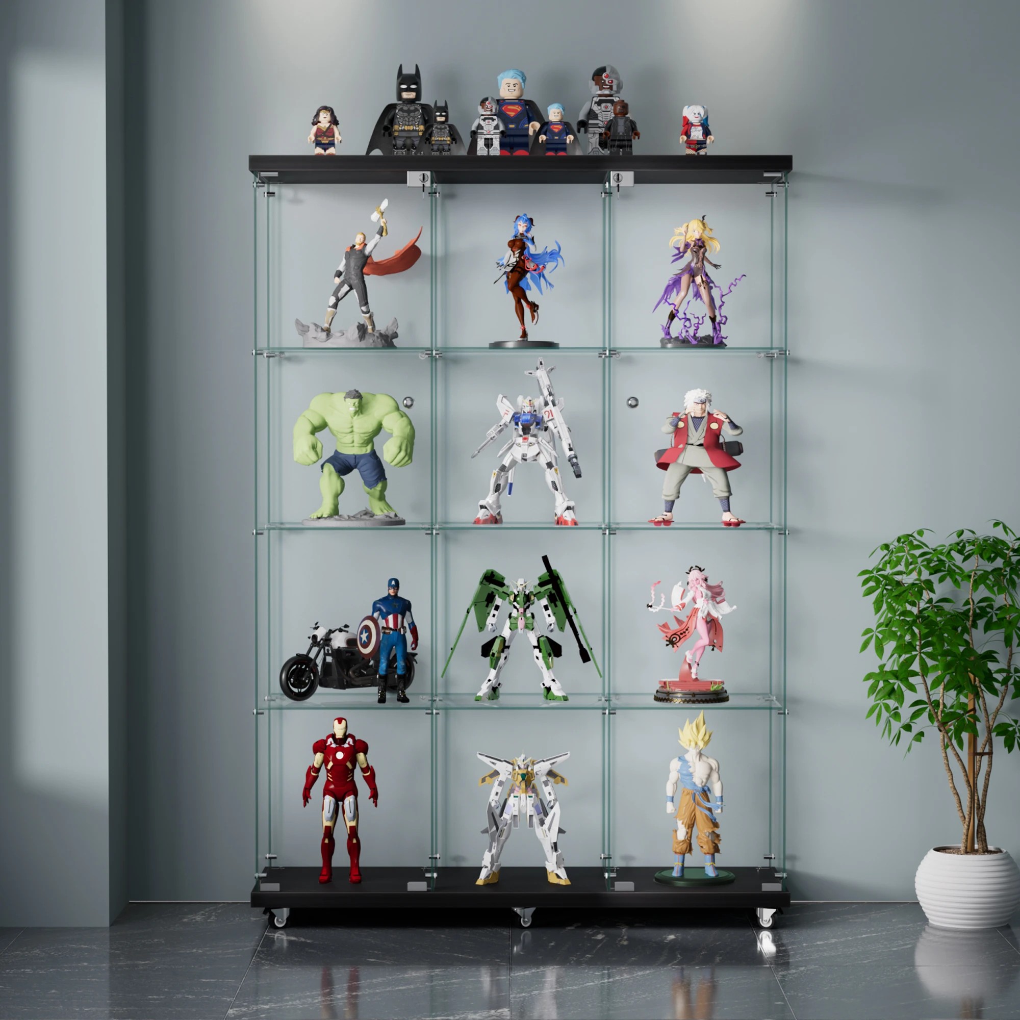 8 Stacked Glass Display Cabinet 4 Tier Lockable Wheeled Key Showcase Storage 169cm, 8 of 9