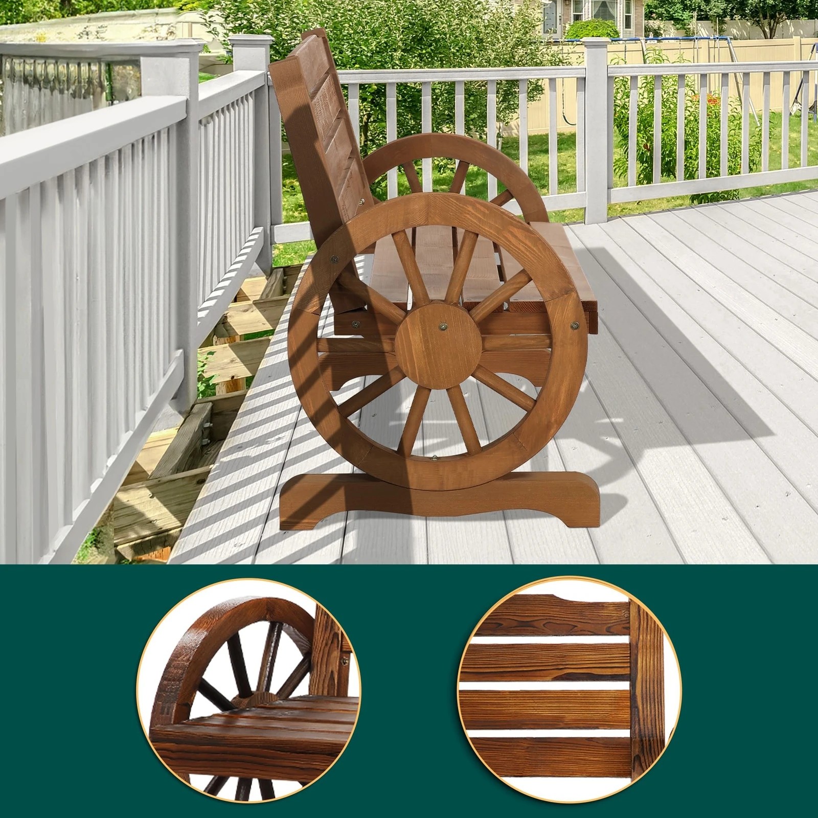 5 Alfordson Wooden Garden Bench Wagon Wheel Chair Seat Outdoor Patio - Natural, 5 of 9