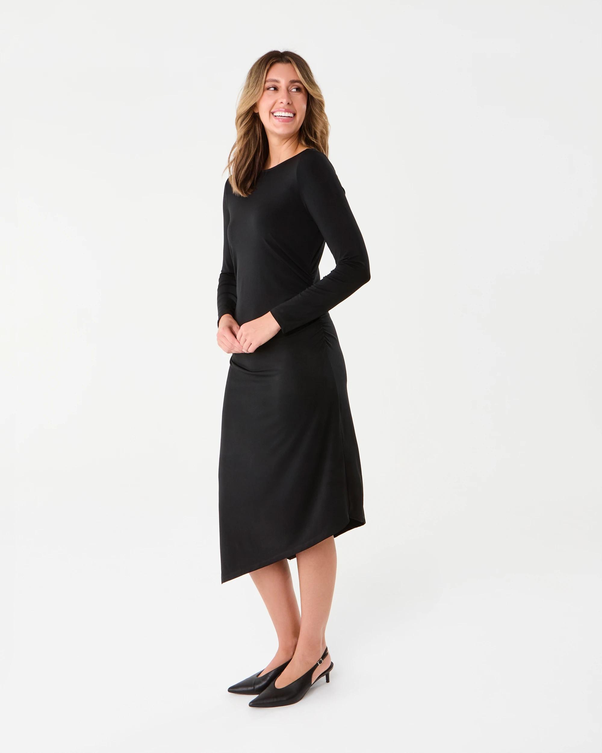 2 Long Sleeve Luxe Asymmetrical Hem Midi Dress Black, 2 of 7