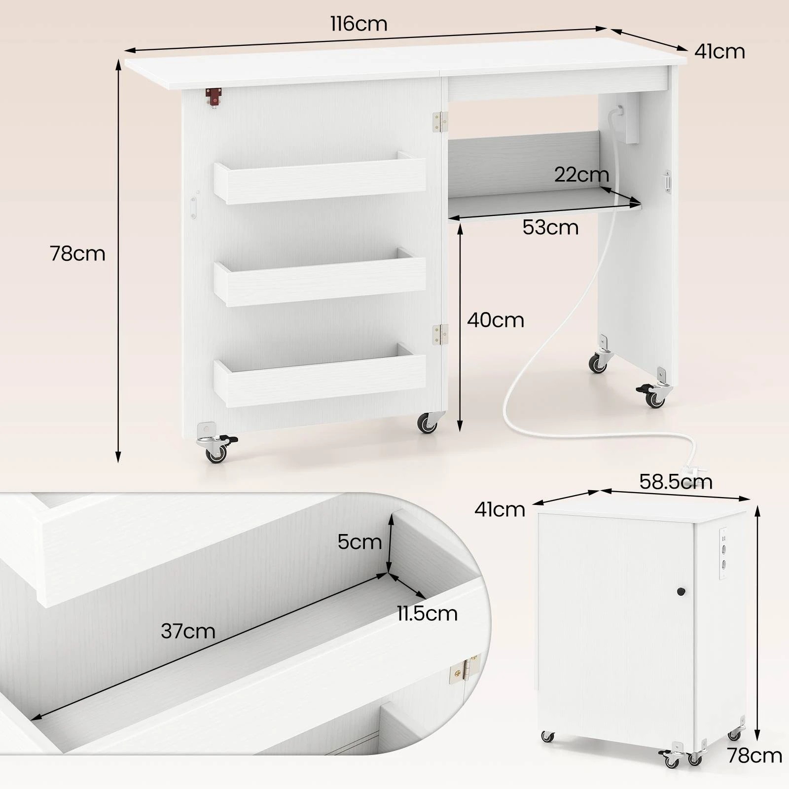 2 Costway Folding Sewing Table w/Power Outlet Mobile Craft Station Desk - White, 2 of 4