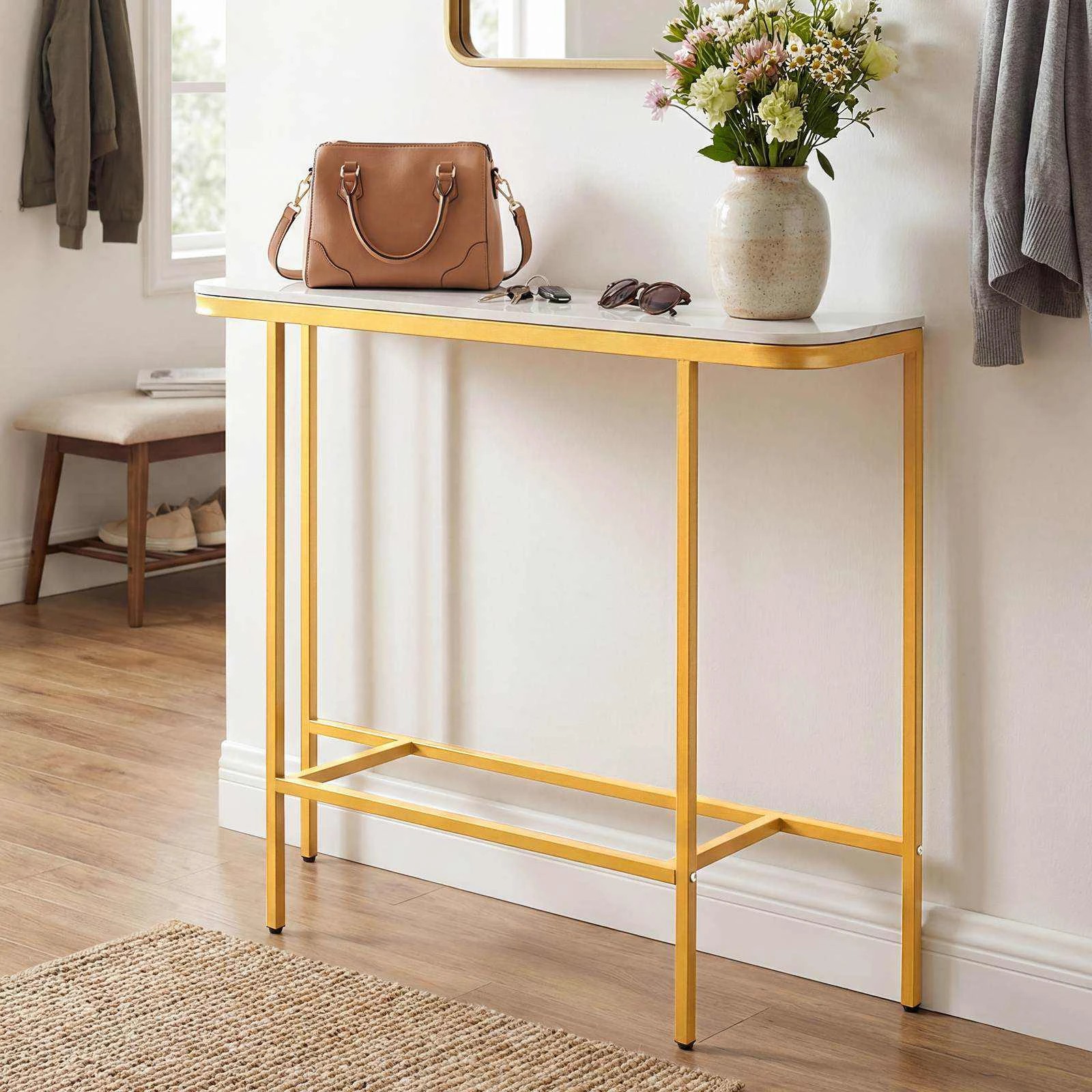 3 Costway Porch Console Table Sofa Side Table Hallway Table w/Gold Metal Frame, 3 of 5