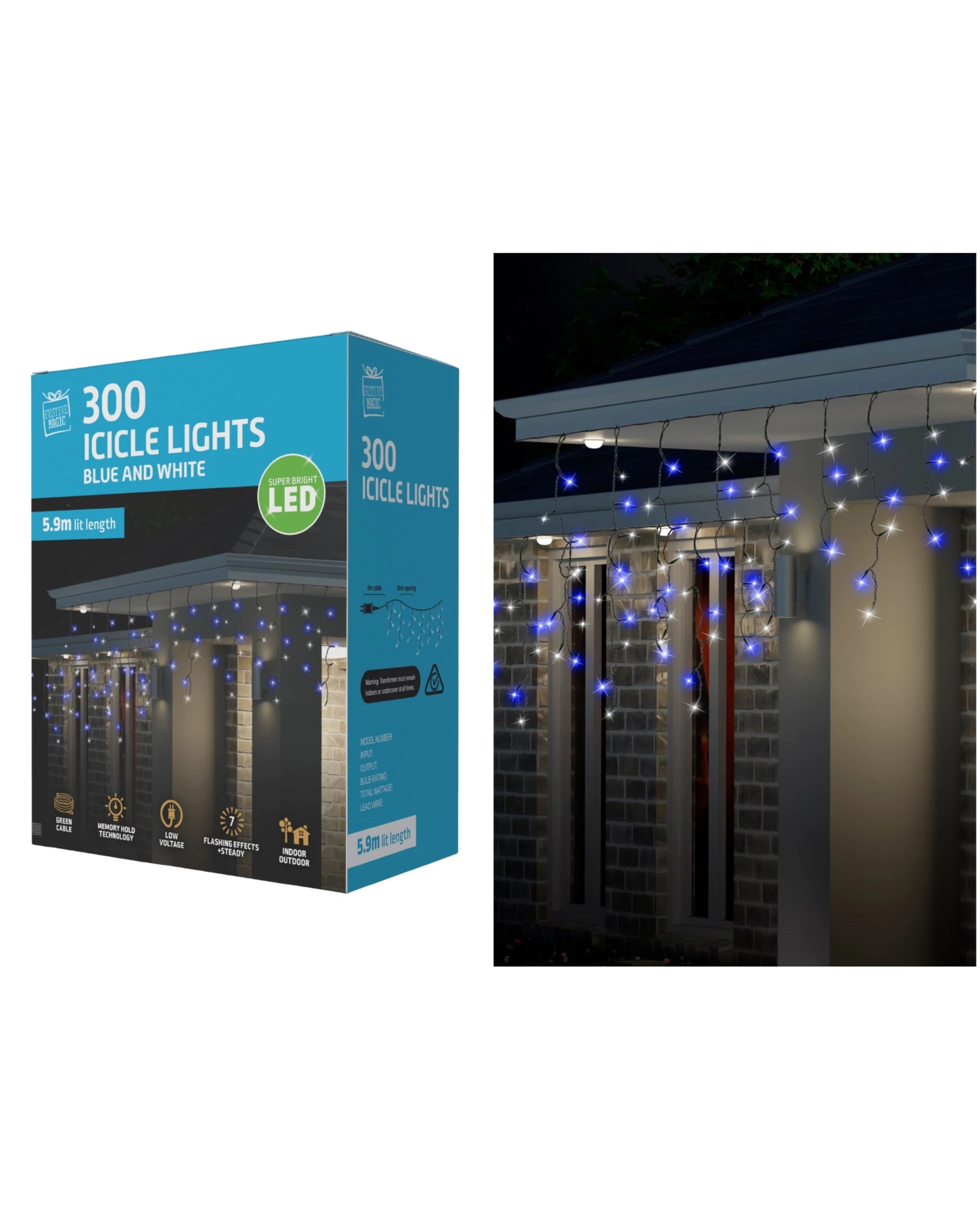1 Uncle Bills 300 Cool White and LED Icicle Lights 5.9m - Blue, 1 of 2
