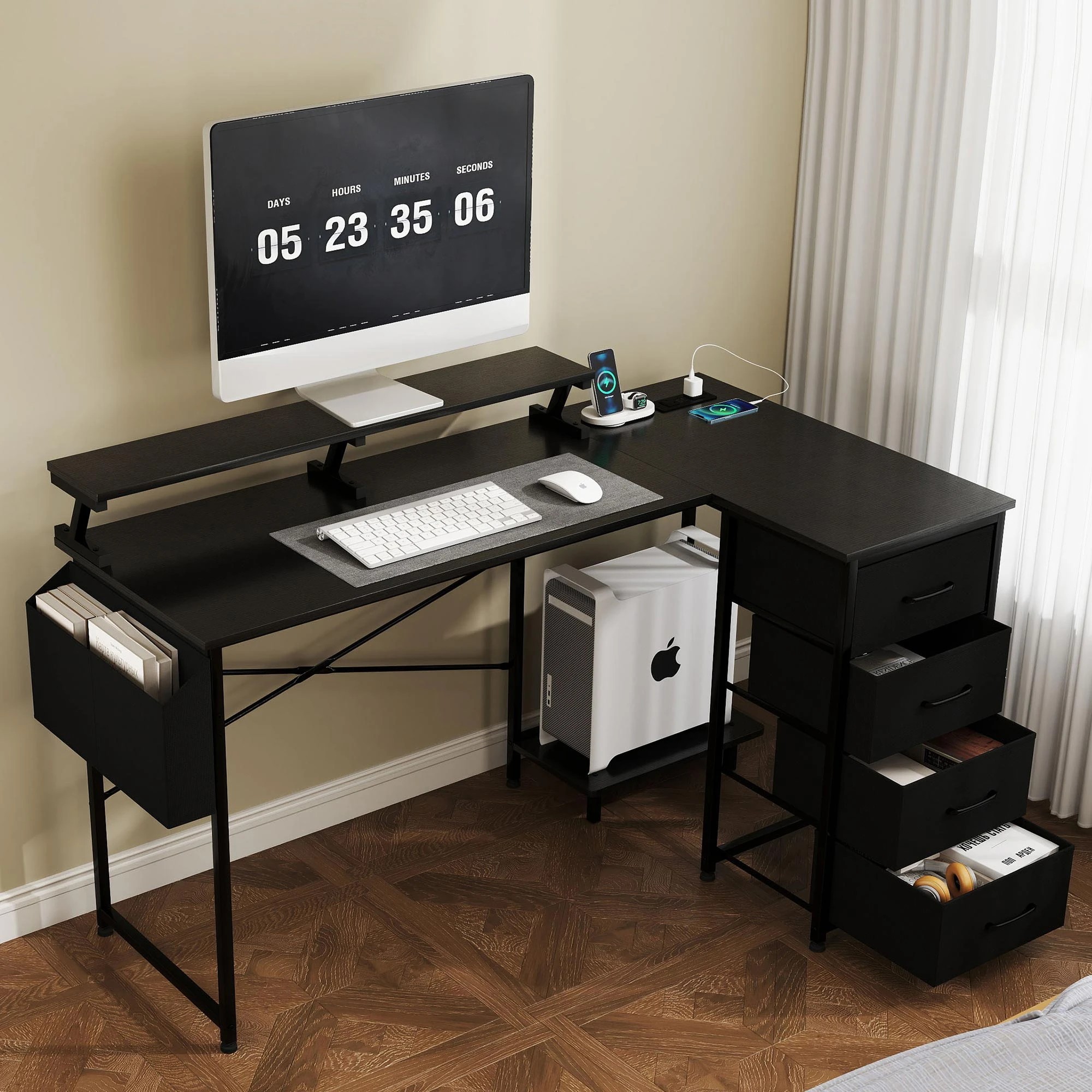 7 Levede L Shaped Gaming Desk with LED Storage Drawers Power Outlet - Black, 7 of 9