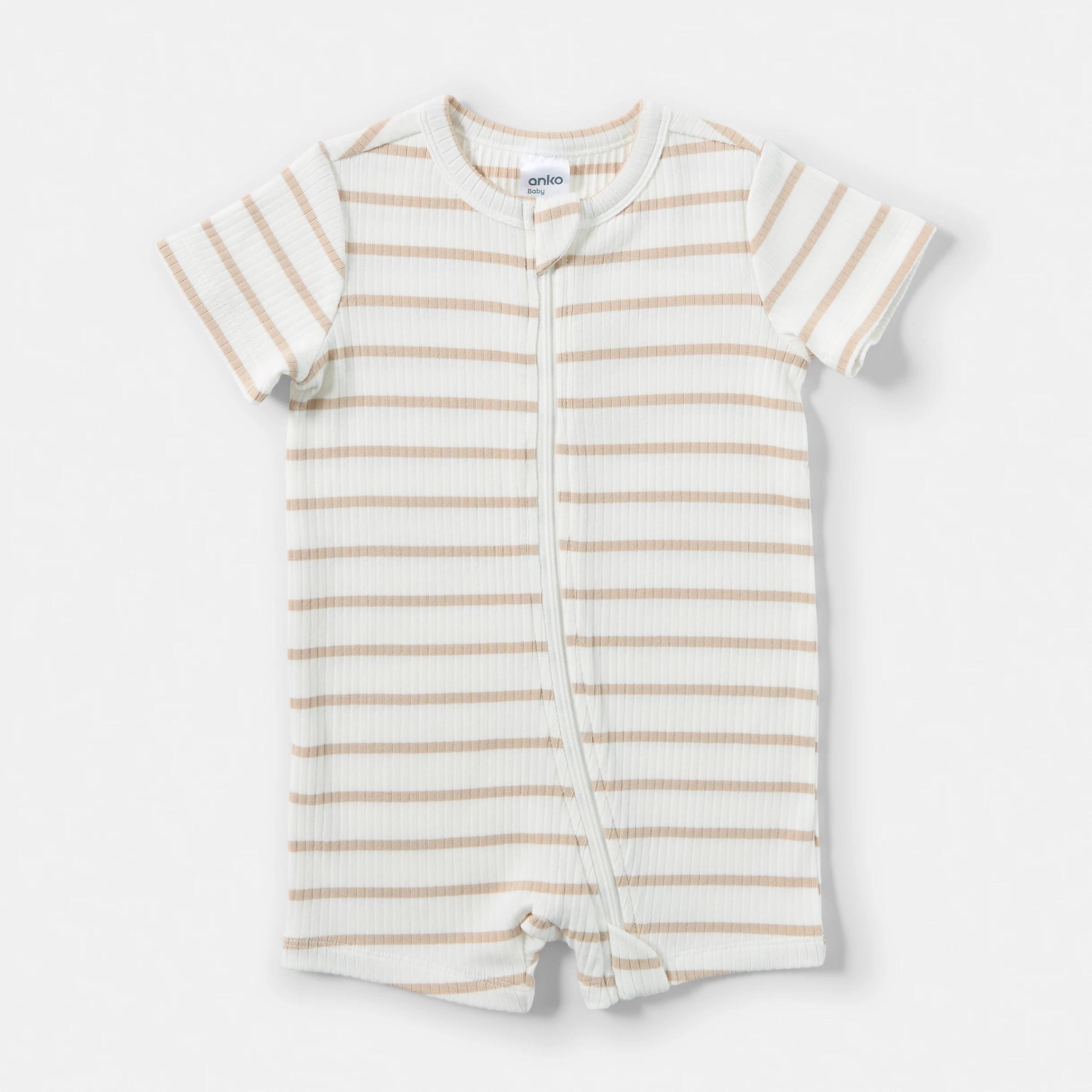 1 Short Sleeve Rib Zip Romper BEIGE STRIPES, 1 of 3