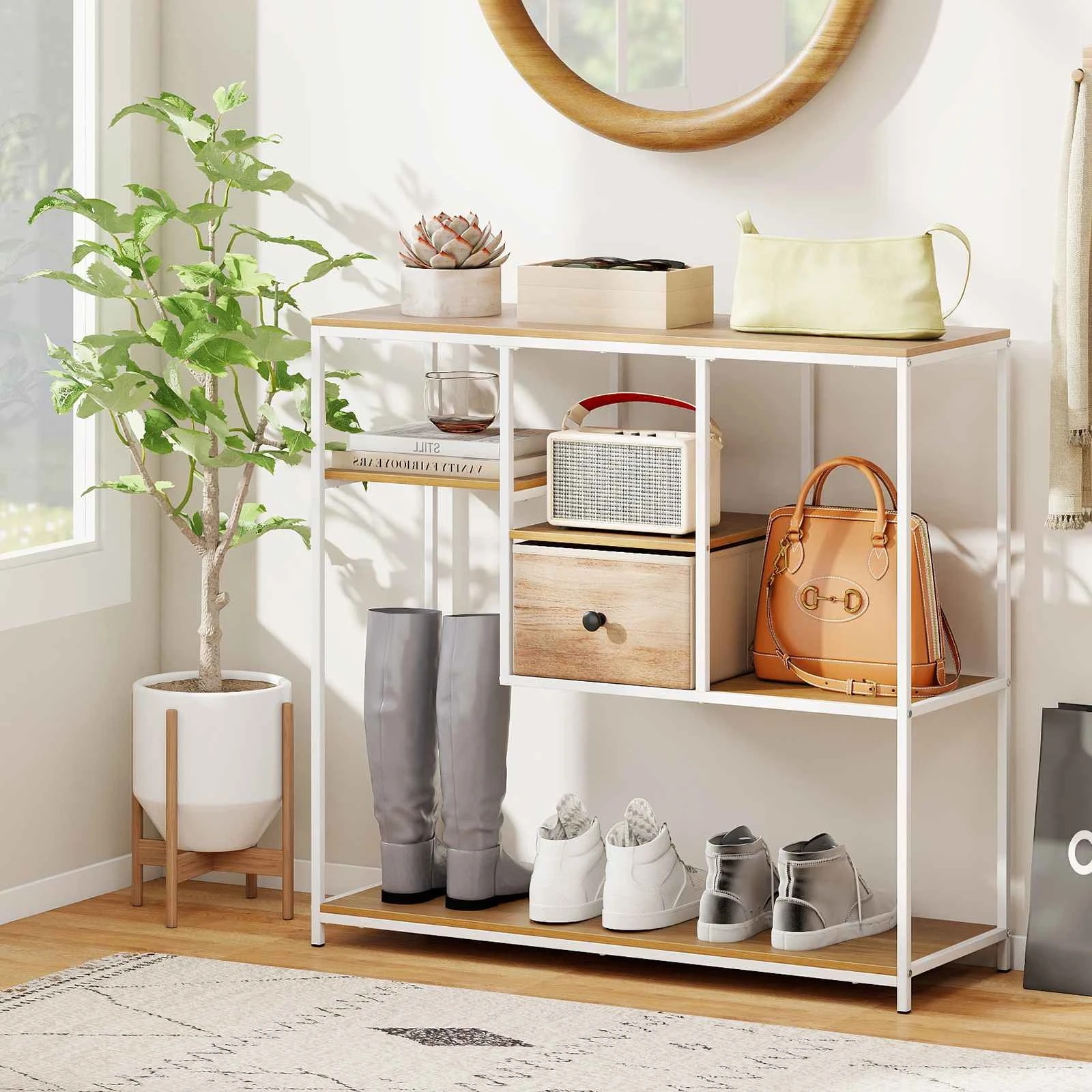 2 Costway 100cm Console Table Bookshelf 4-Tier Shoe Rack w/Drawer - Natural, 2 of 6