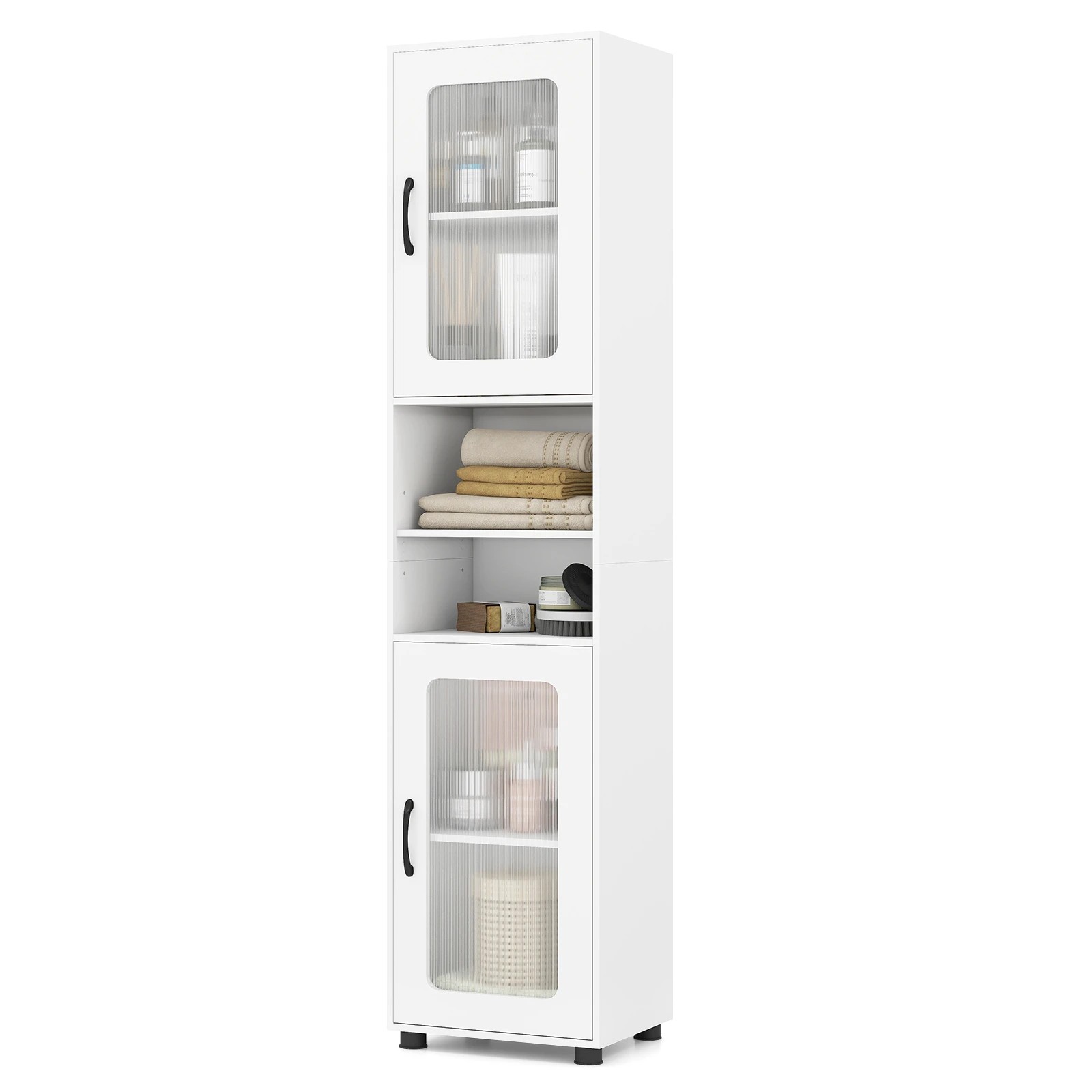 7 Costway 1.7M Bathroom Storage Cabinet Slim Sideboard w/2 Fluted Doors - White, 7 of 8