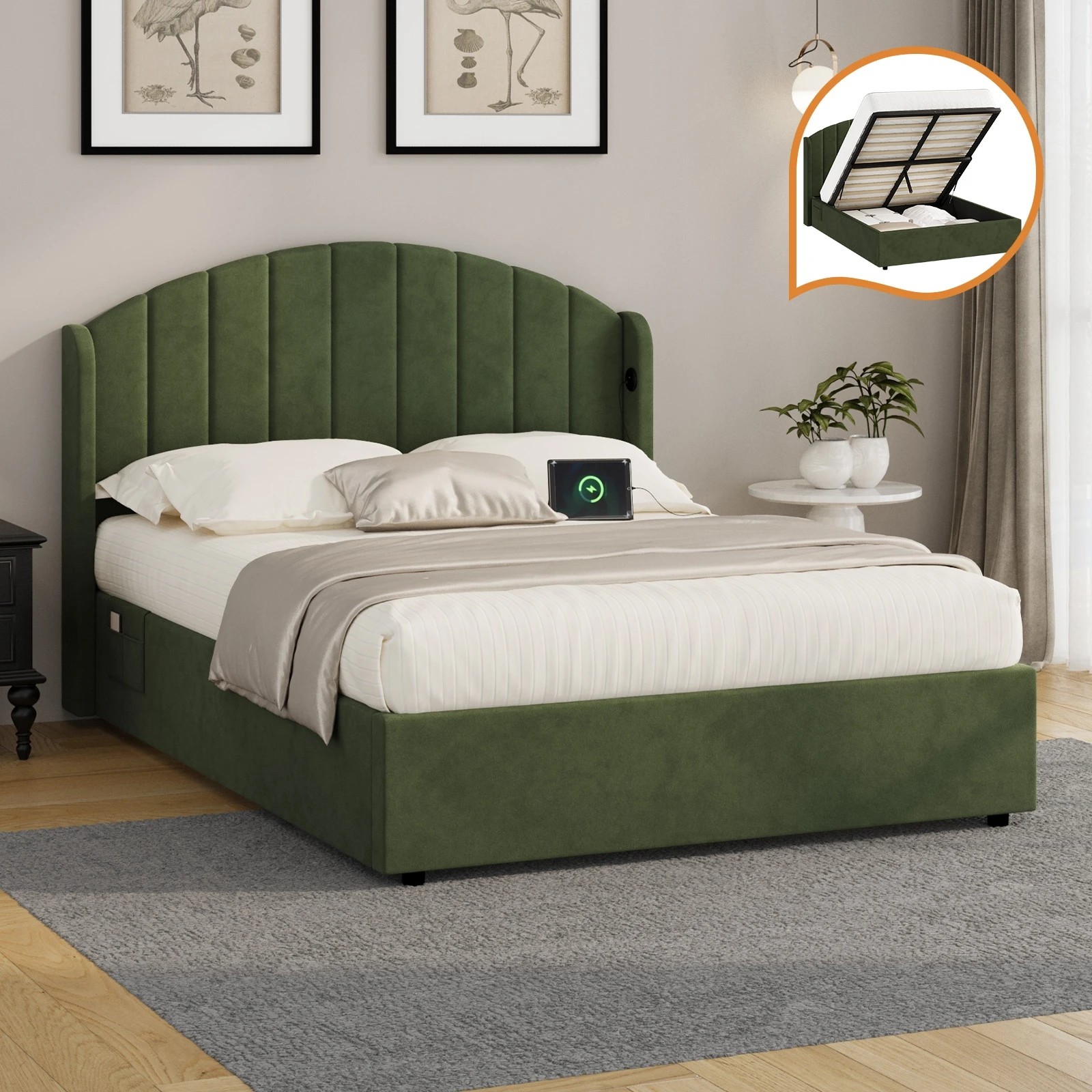 3 Oikiture Bed Frame Double Size With Gas Lift Storage USB Charging Velvet - Green, 3 of 9