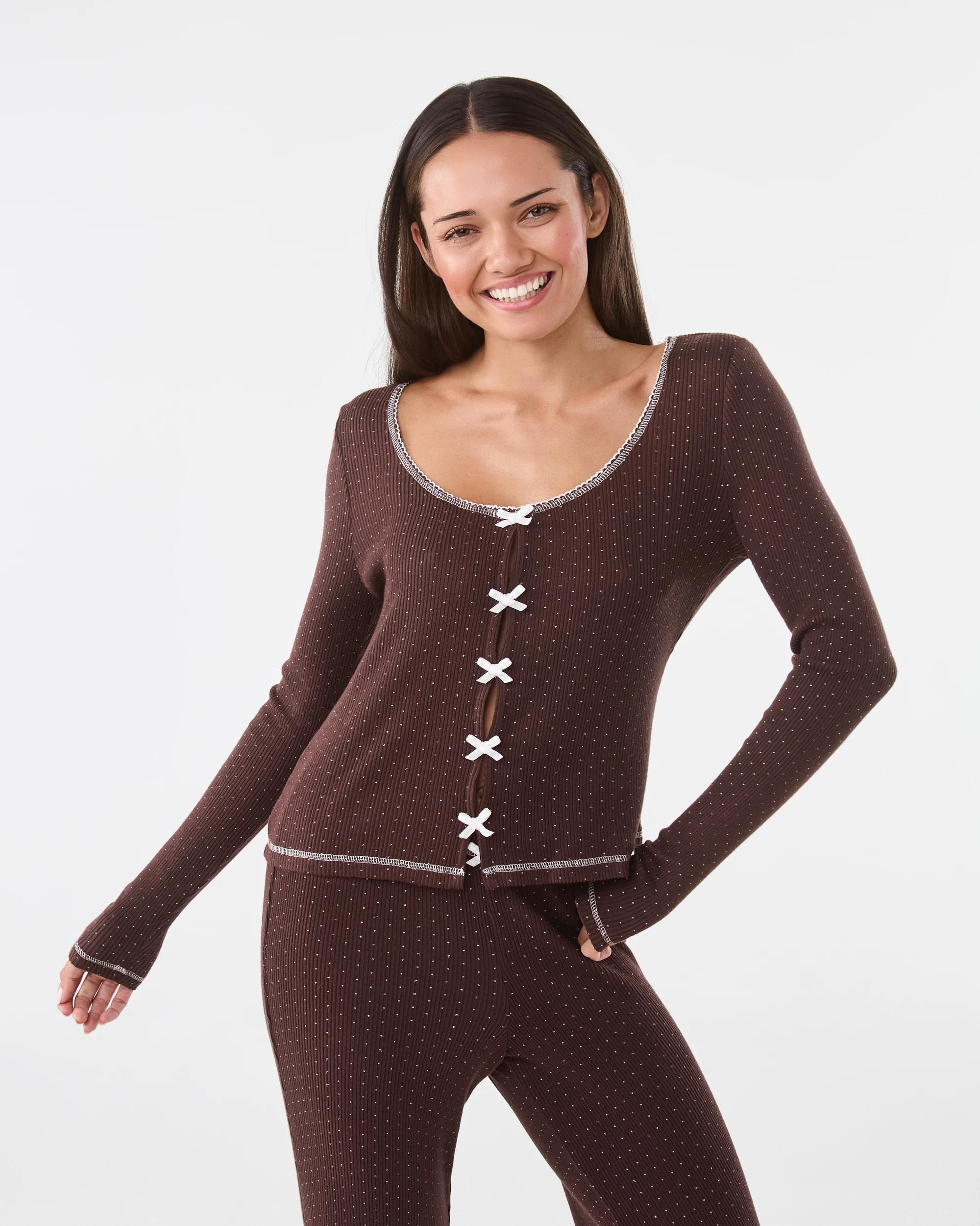 1 Long Sleeve Brushed Rib Bows Top Spot Choc, 1 of 7