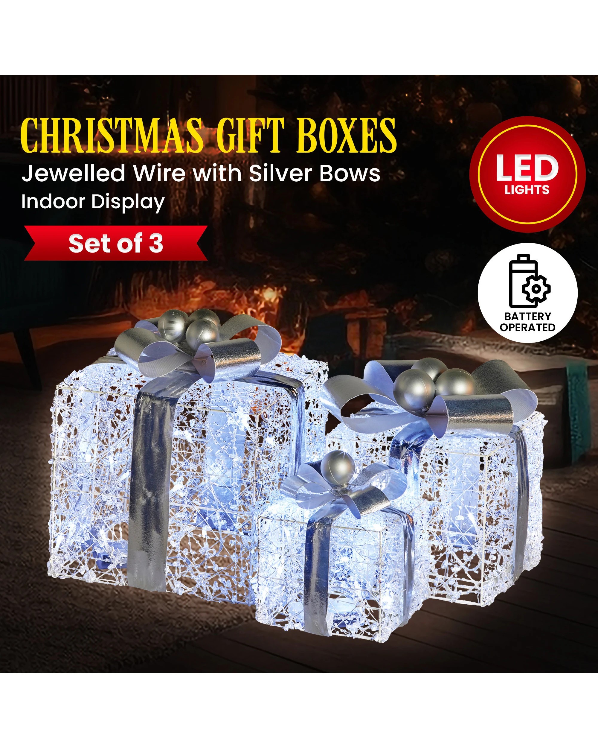 3 Christabelle Set Of 3 Christmas Gift Boxes Display With Lights Jewelled Wire And Silver Bows, 3 of 7