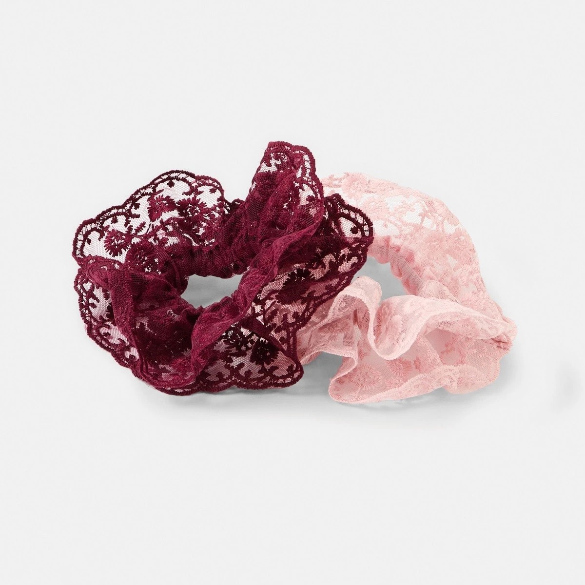 3 2 Pack Frill Lace Hair Scrunchies - Burgundy Red and Pink, 3 of 6