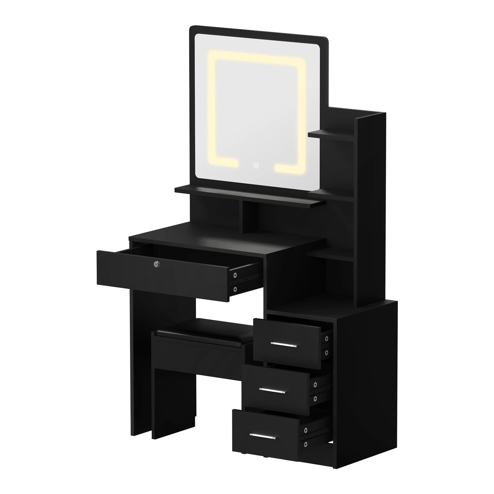 8 Oikiture Dressing Table Stool Set Makeup Mirror Led Light Storage Cabinet
 - Black, 8 of 9