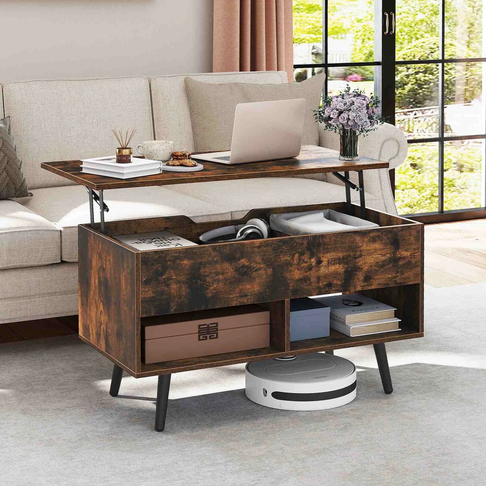 2 Costway 80cm Lift Top Coffee Table Modern Dining Table w/Hidden Storage Compartment - Brown, 2 of 5