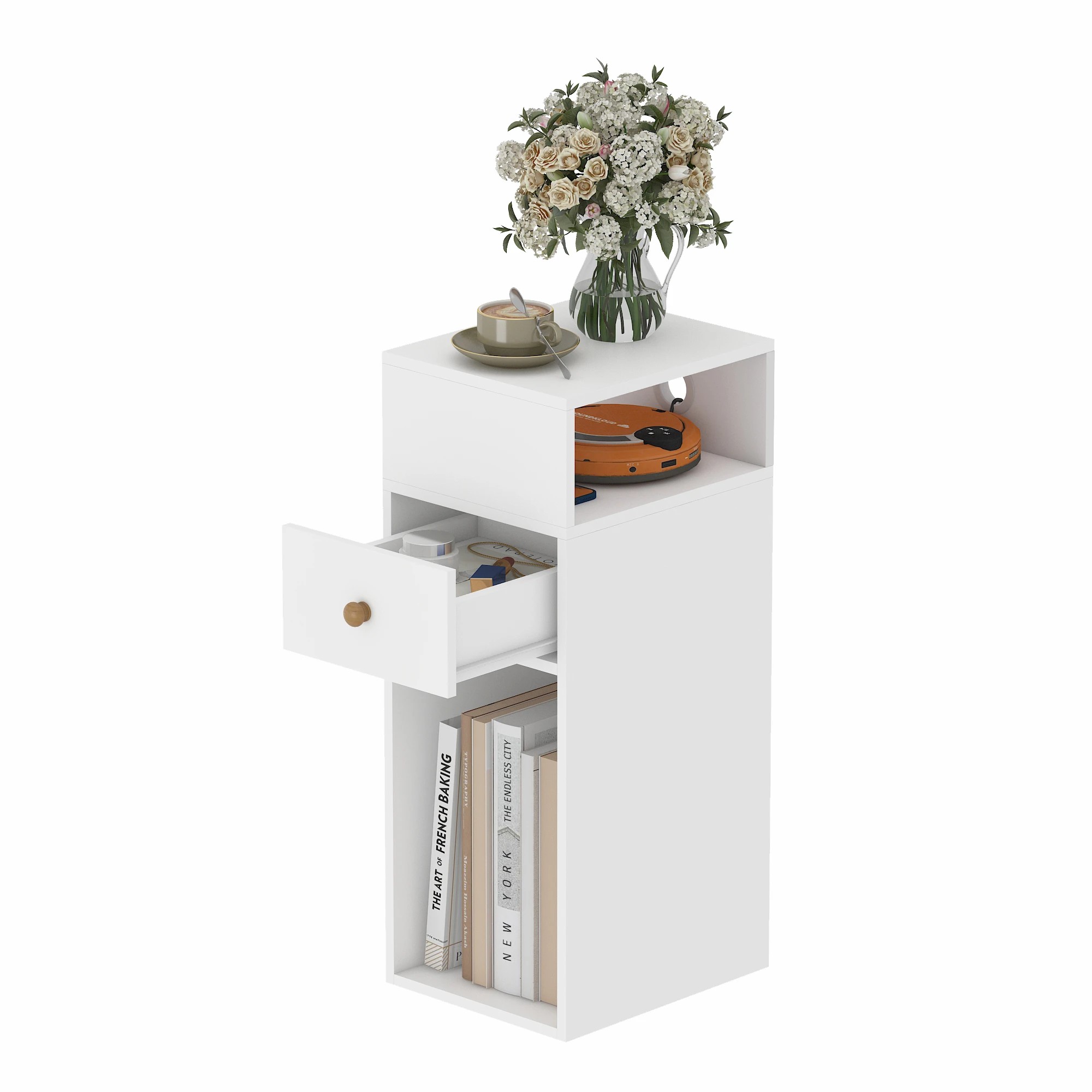 6 Advwin Side Table 25cm Narrow Sofa End Table w/ Side Shelf & Drawer Slim Bedside Table - White, 6 of 10