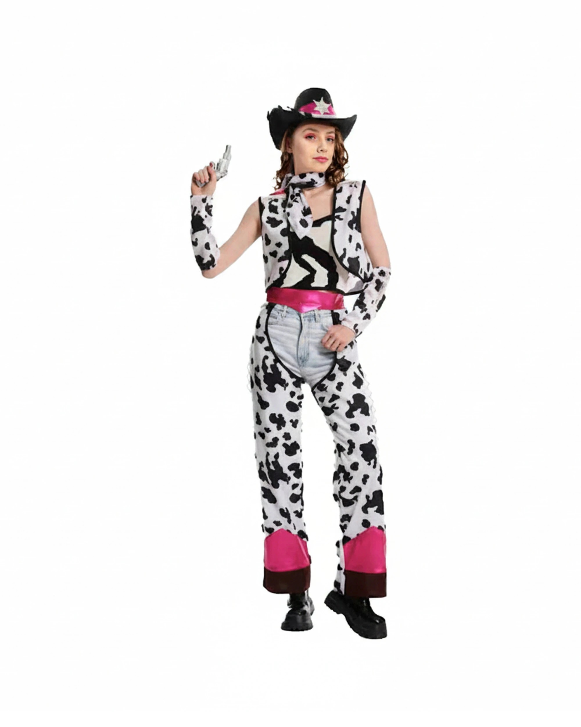 1 JD Party Cowgirl Costume Cowprint Design Details Adult Outfit M/L - Black, 1 of 1