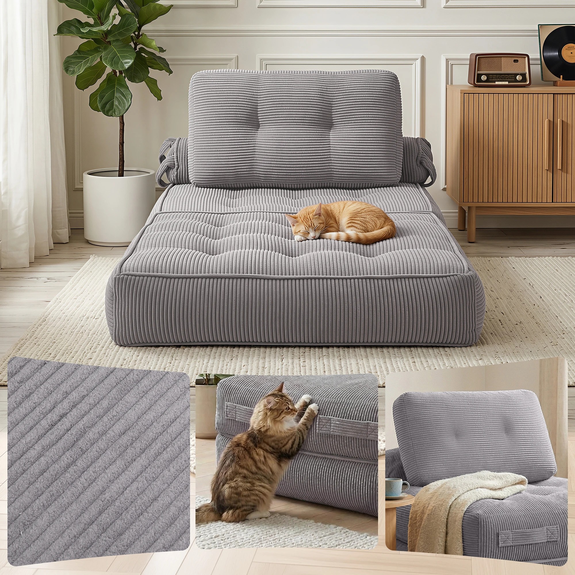 6 Artiss 1 Seater Corduroy Convertible Sofa Bed Pull Out Boneless Couch - Grey, 6 of 9