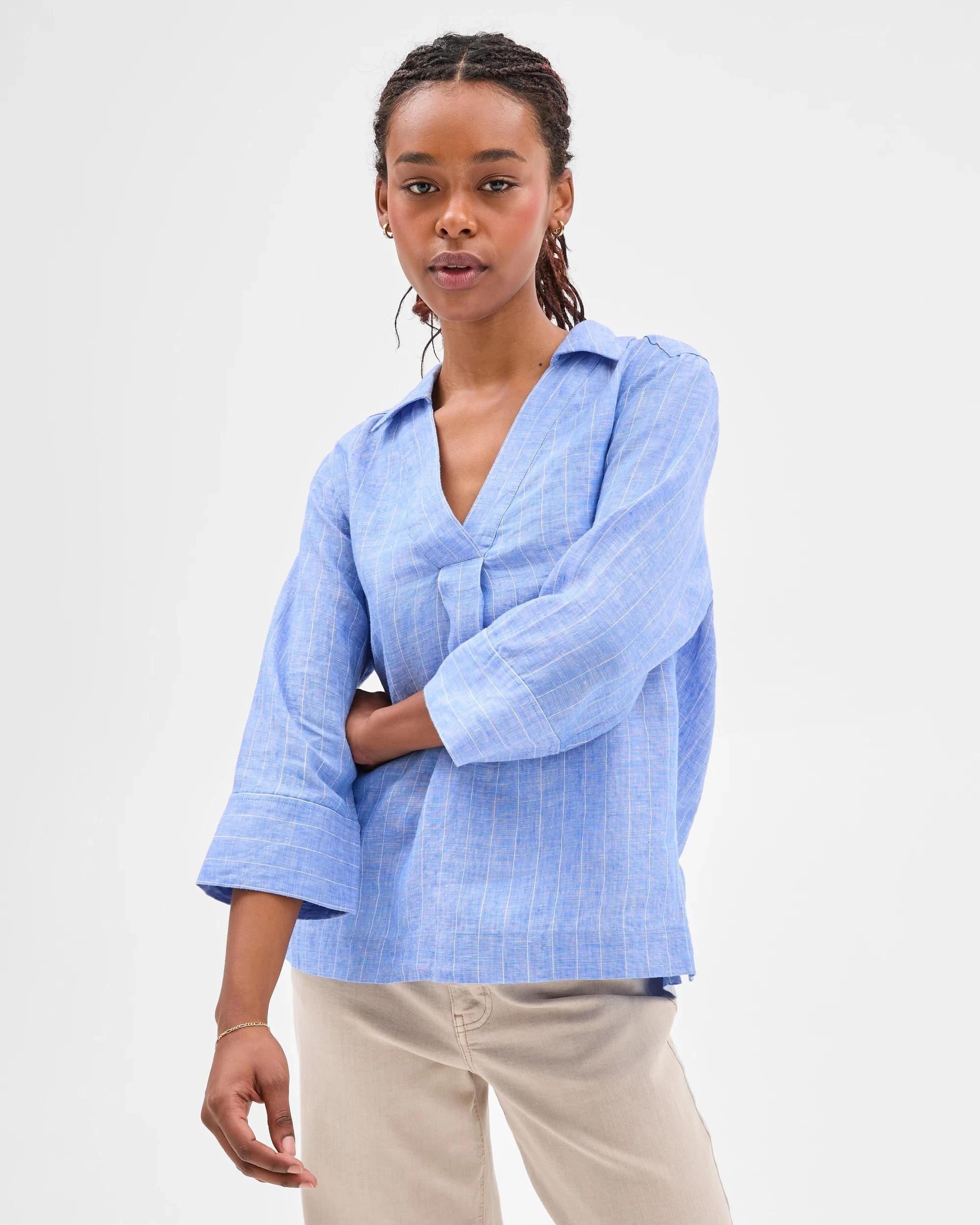 1 Target Petites Petites European Linen Popover Shirt BOLD BLUE STRIPE, 1 of 8