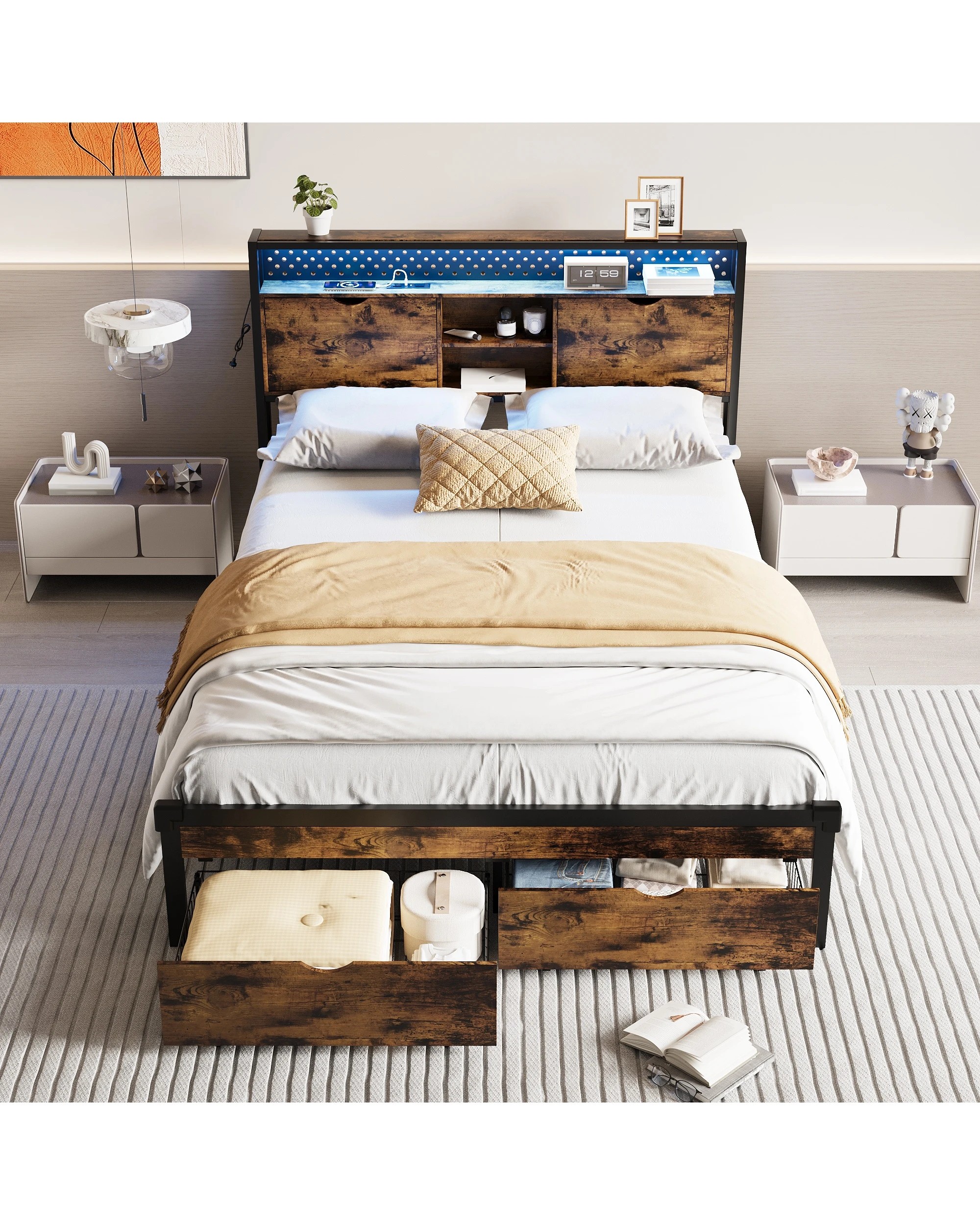5 Advwin Double Bed Frame with 2 Storage Drawers & LED Lights & Charging Station - Brown, 5 of 7