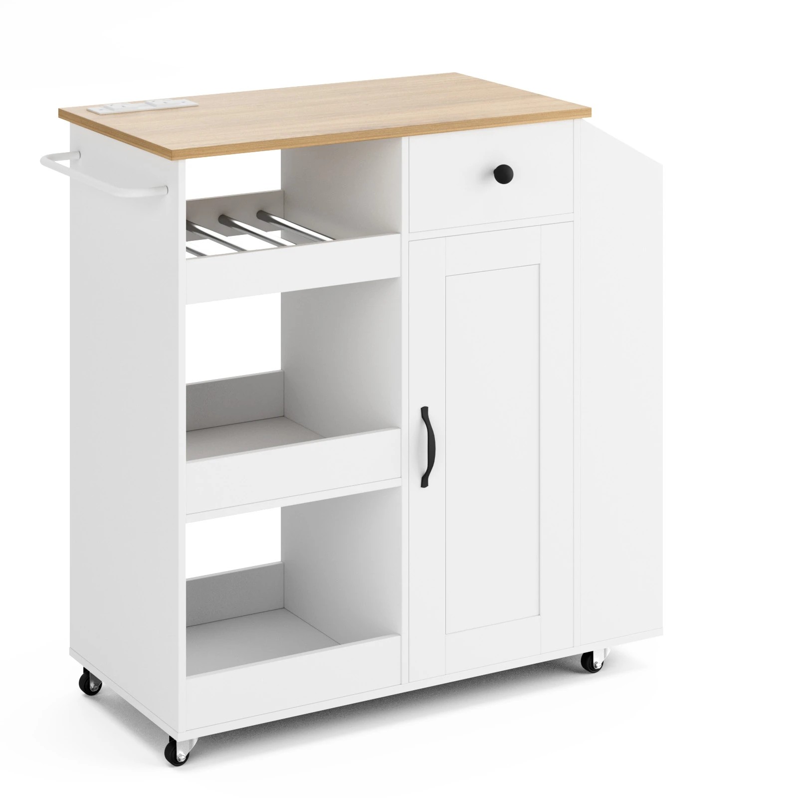 1 Advwin Kitchen Island Cart Rolling Trolley Cabinet on Wheels with Charging Station Adjustable Shelves Wine Rack - White, 1 of 8