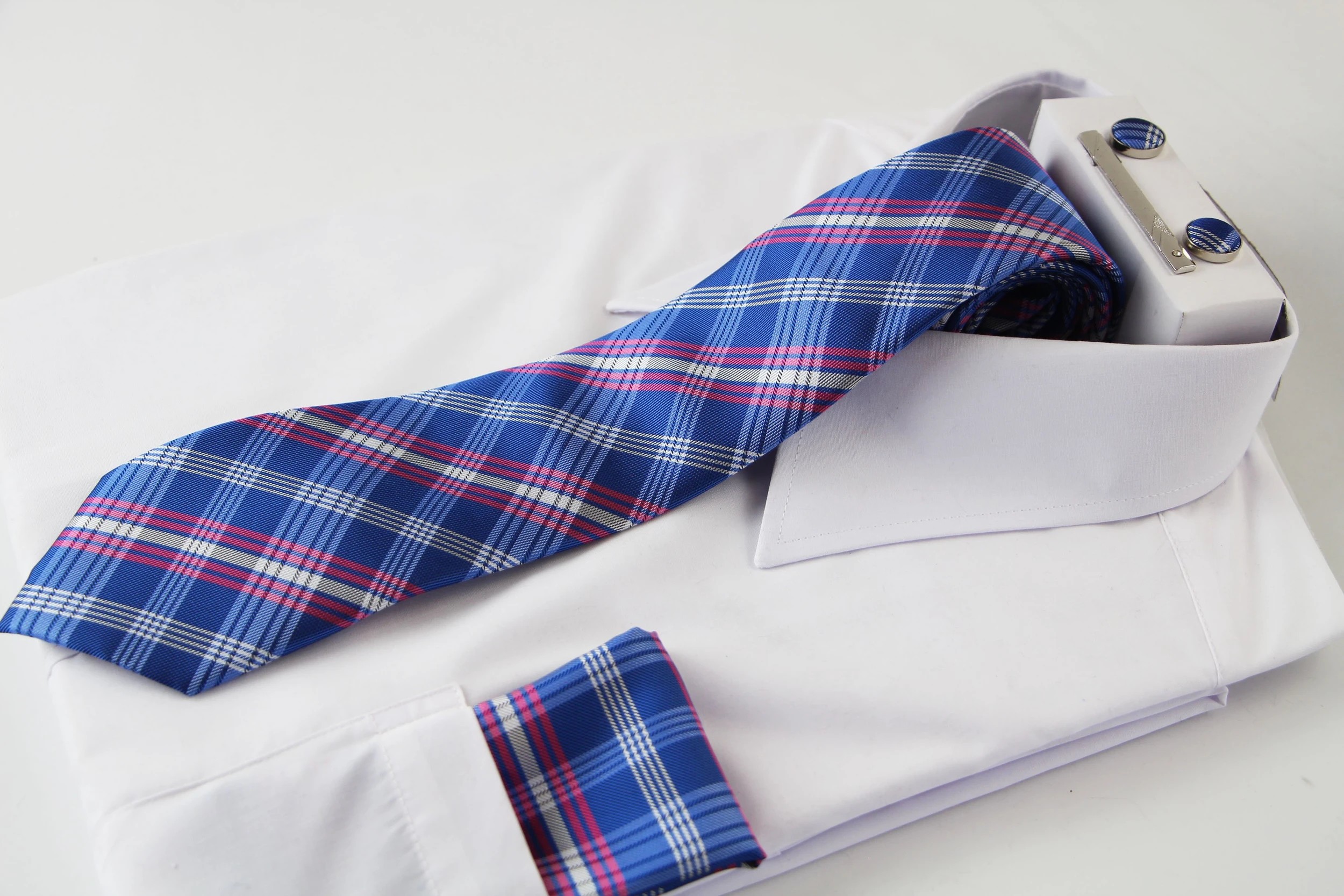 1 Zasel Mens Blue & Pink Checkered Matching Neck Tie, Pocket Square, Cuff Links And Tie Clip Set - Multi - Multi, 1 of 4