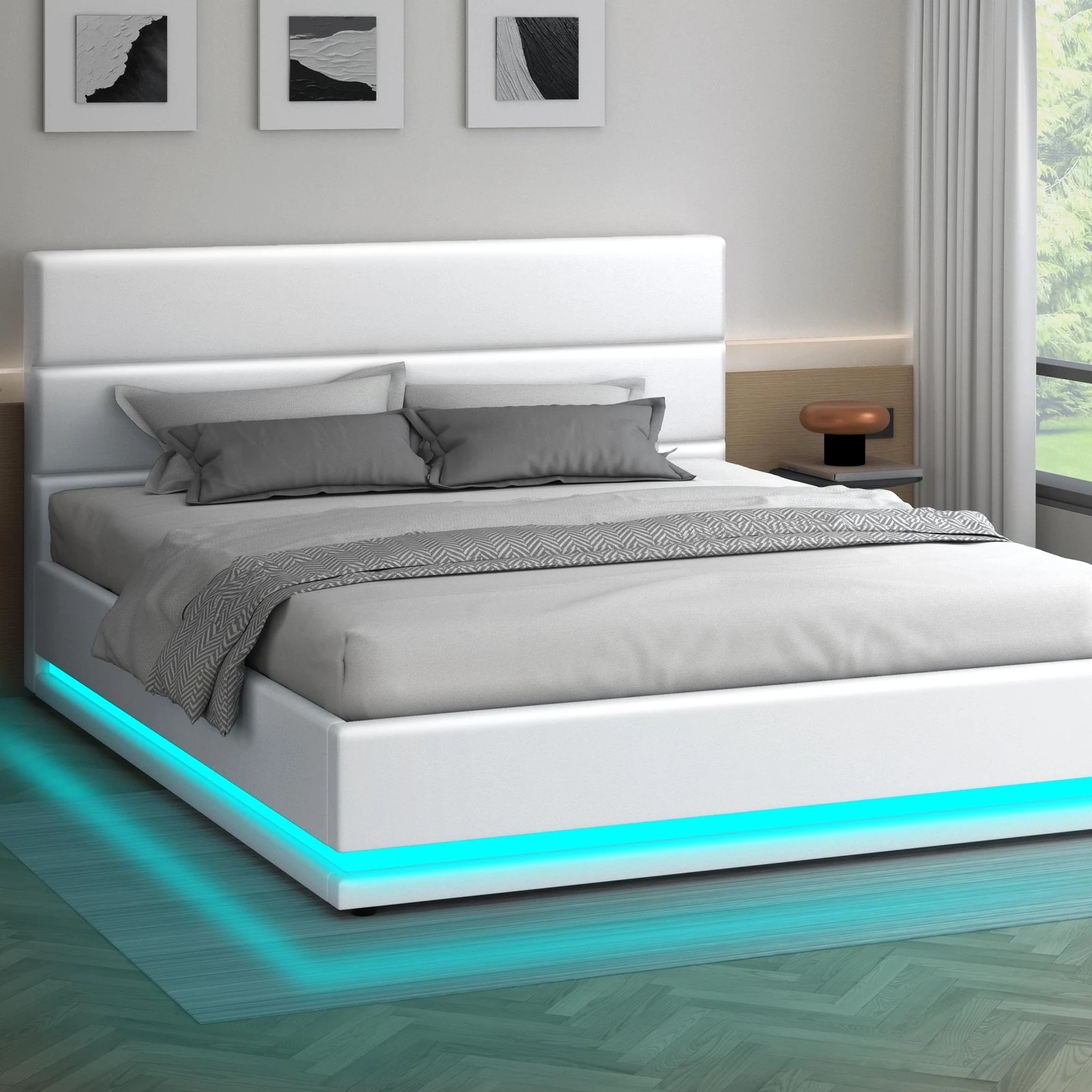 2 Alfordson Bed Frame King Size Platform RGB LED Gas Lift Base Storage - White, 2 of 10