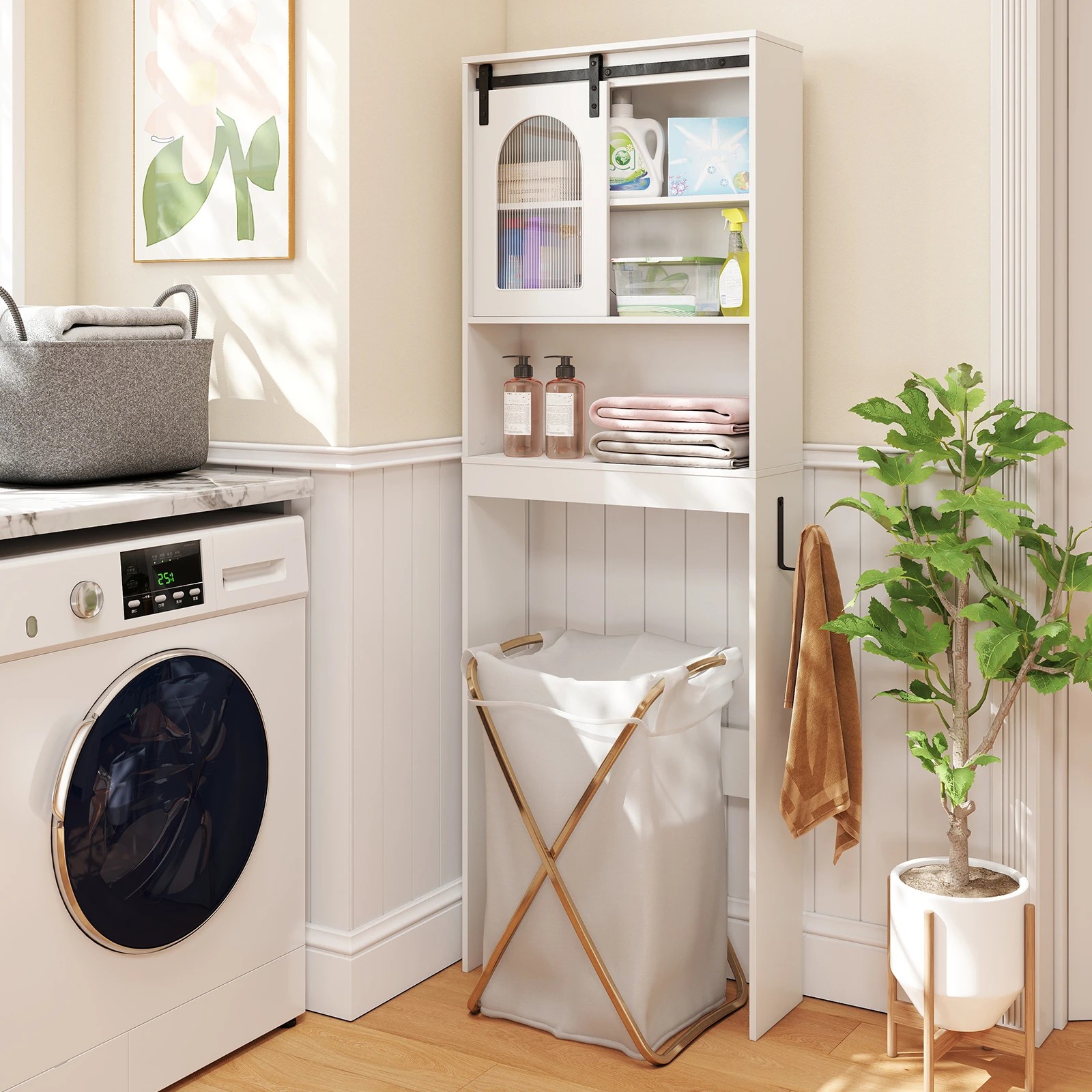 4 Costway Over the Toilet Storage Cabinet Farmhouse Bathroom Organizer w/Sliding Barn Door, 4 of 6