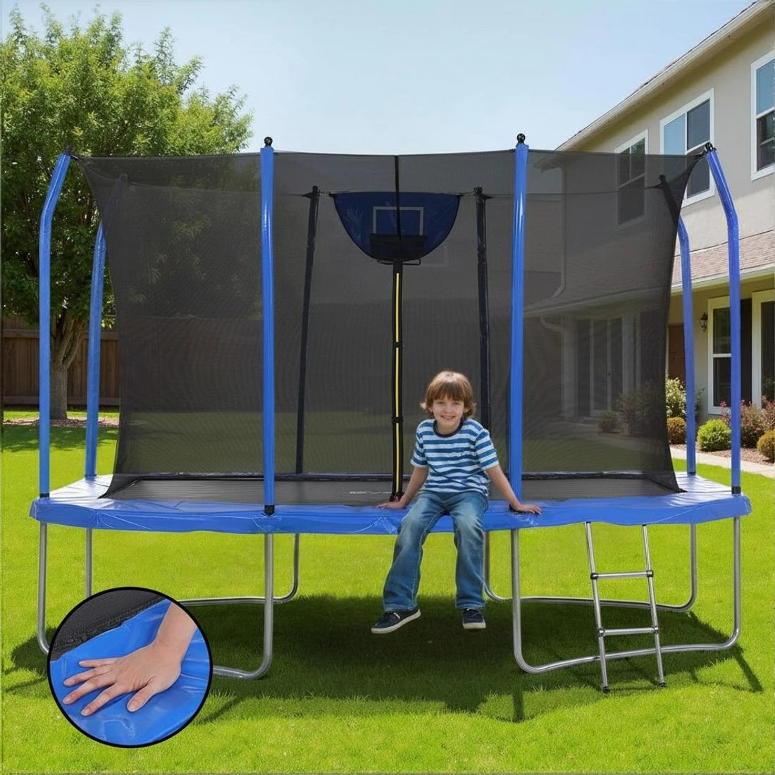 7 Everfit 12FT Trampoline Kids Rectangle Rebounder with Basketball Set Safety Net - Blue, 7 of 8