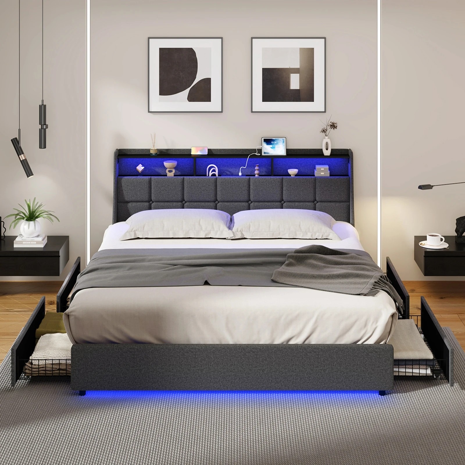 4 Oikiture King Size Bed Frame with LED Lights and Storage Headboard & 4 Drawers- Grey, 4 of 7