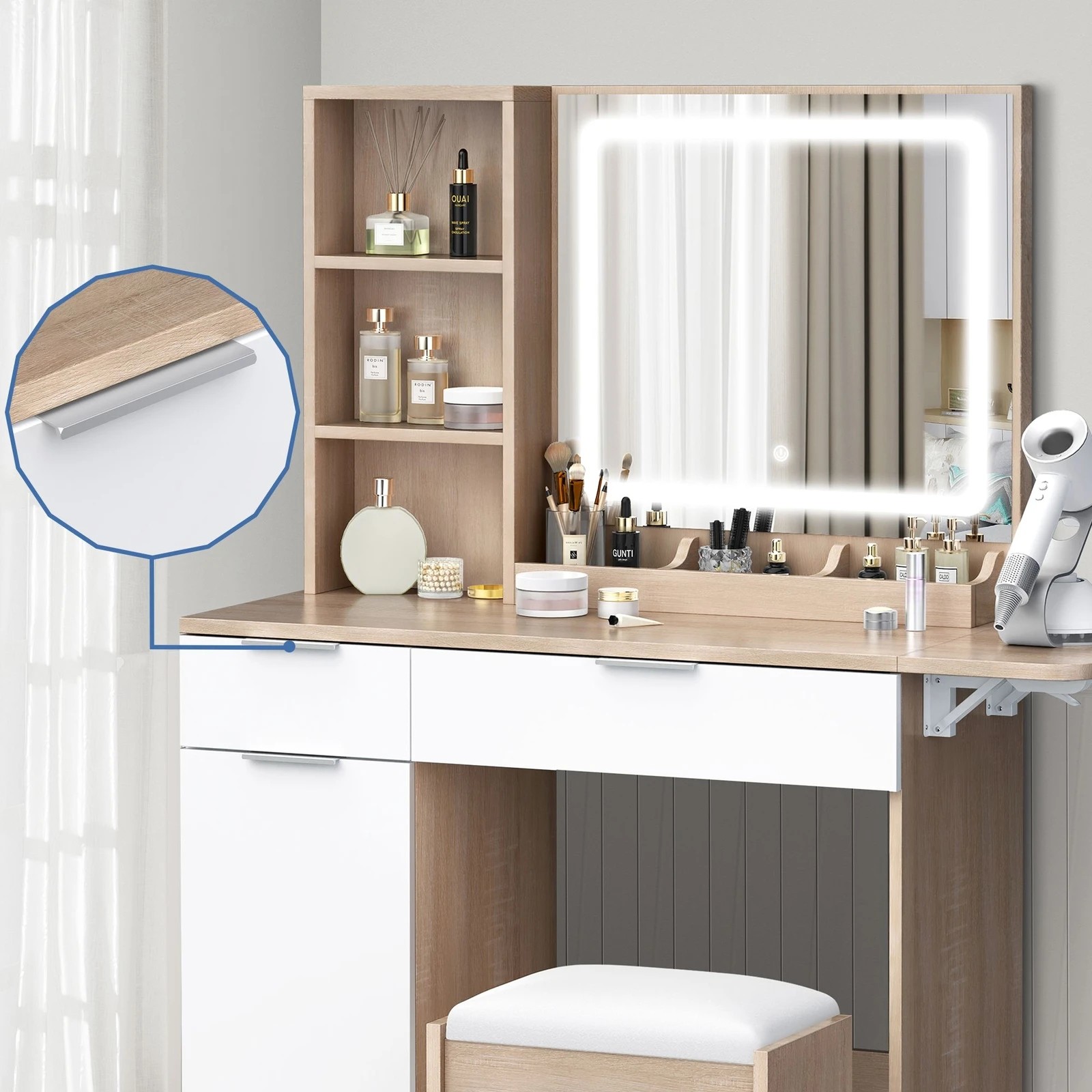 4 Alfordson Dressing Table Stool Set LED Vanity Desk Makeup Mirror Drawers - Oak, 4 of 10