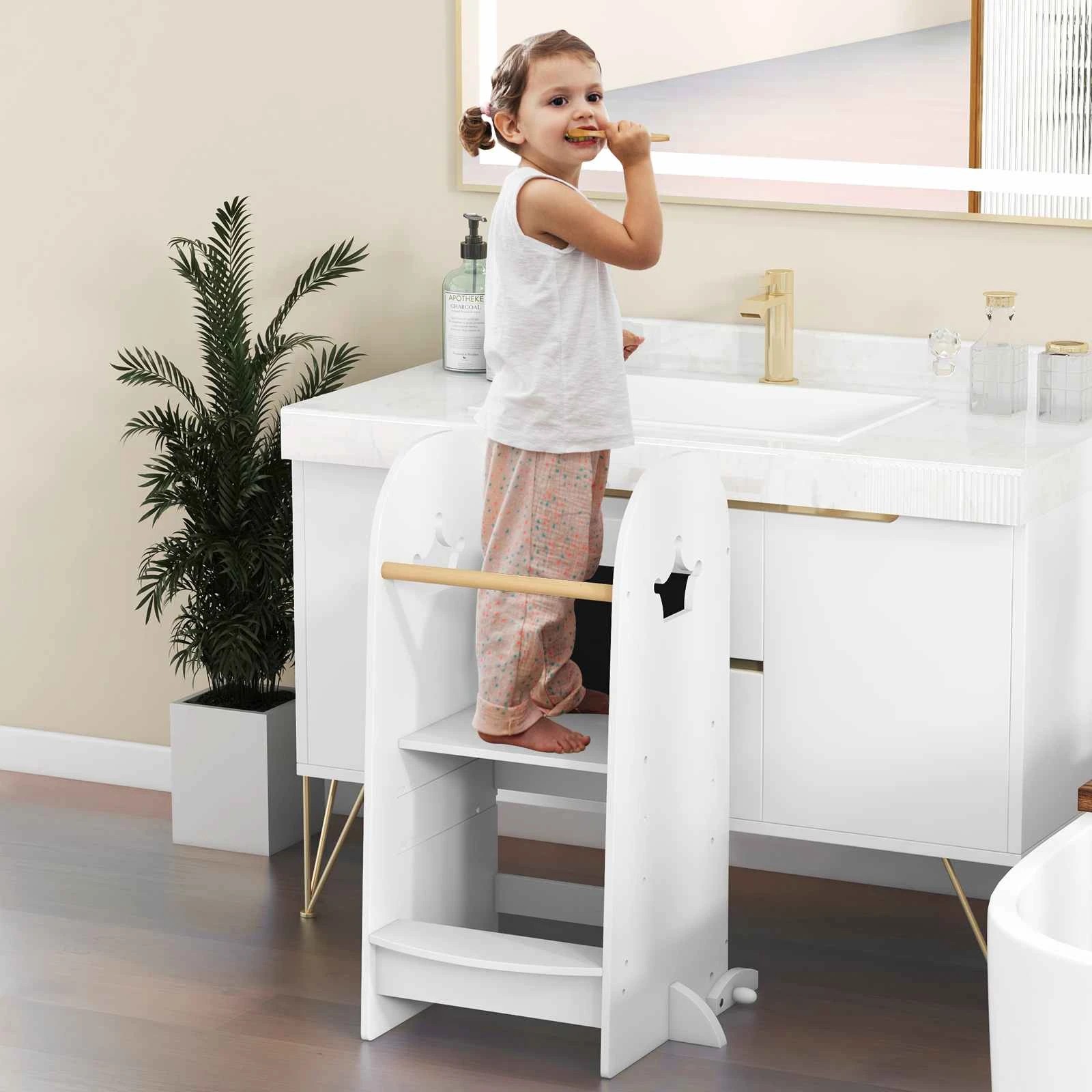 3 Costway Wooden Step Stool Adjustable Tower w/Chalkboard, 3 of 3