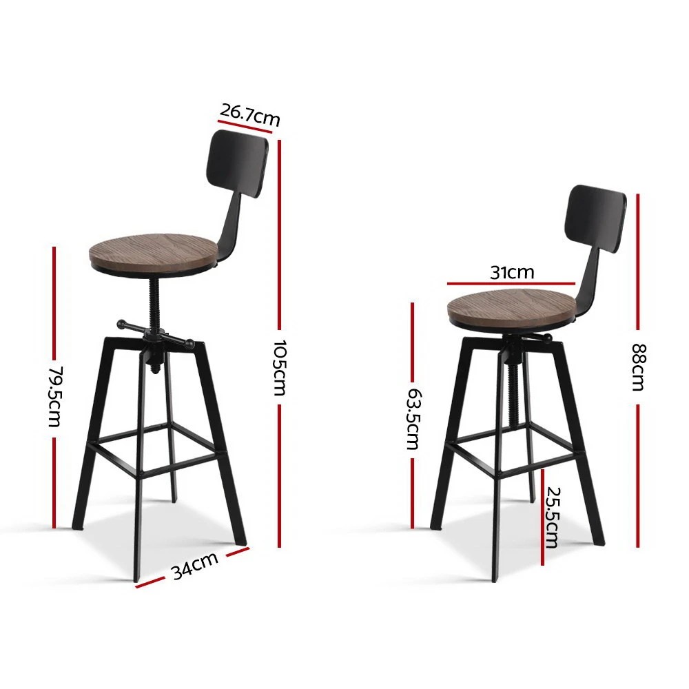 2 Artiss Bar Stools Adjustable Wood Stool w/Backrest - Black, 2 of 7