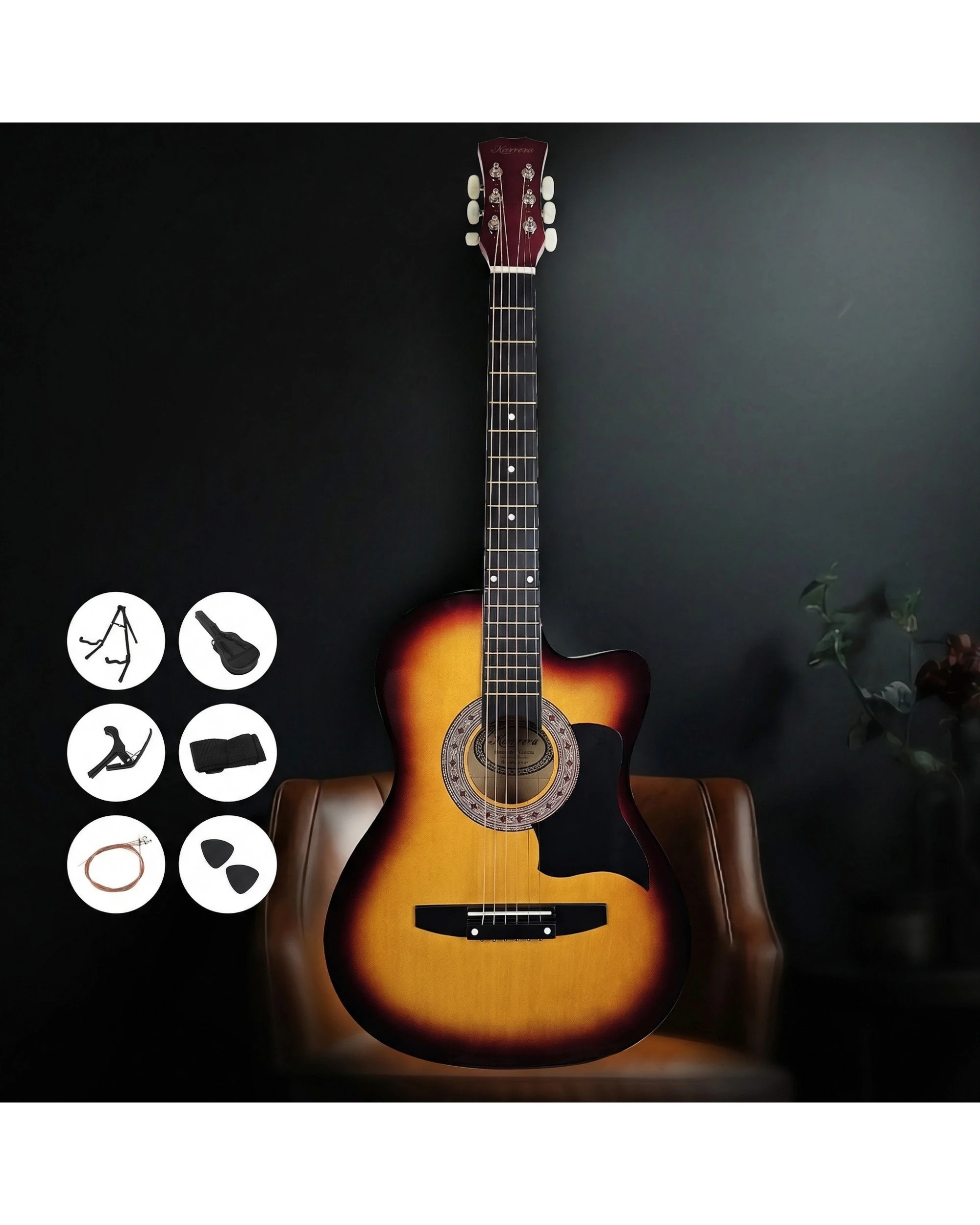 5 Karrera 38in Pro Cutaway Acoustic Guitar with Bag Strings, 5 of 7