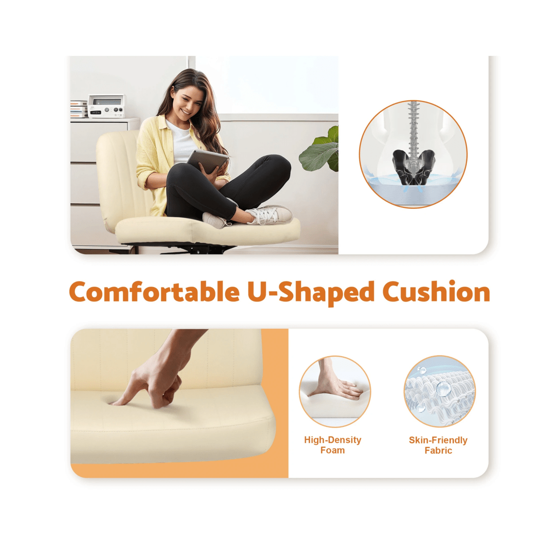 6 Advwin Armless Office Chair Criss-cross  Chair Pu Leather  Ergonomic Computer Chair No Wheel Beige, 6 of 9