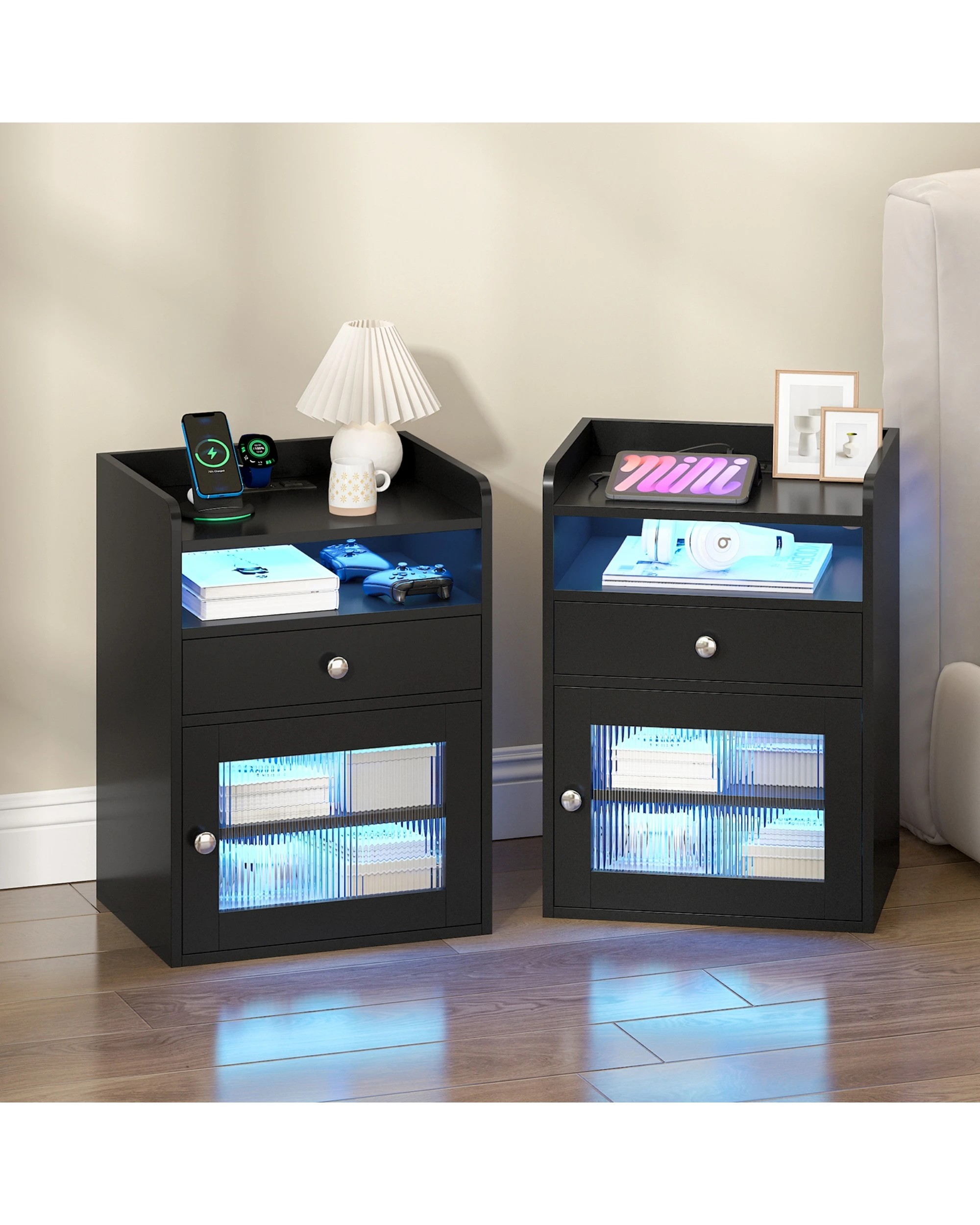 2 Advwin 2xBedside Table Acrylic Door With with Charging Station & LED Light - Black, 2 of 7