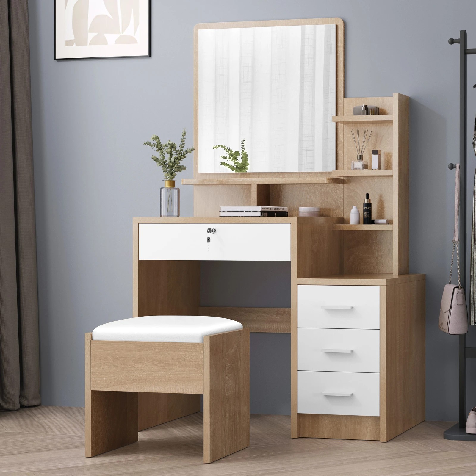 2 Alfordson Dressing Table Stool Makeup Mirror Vanity Desk - Natural, 2 of 10