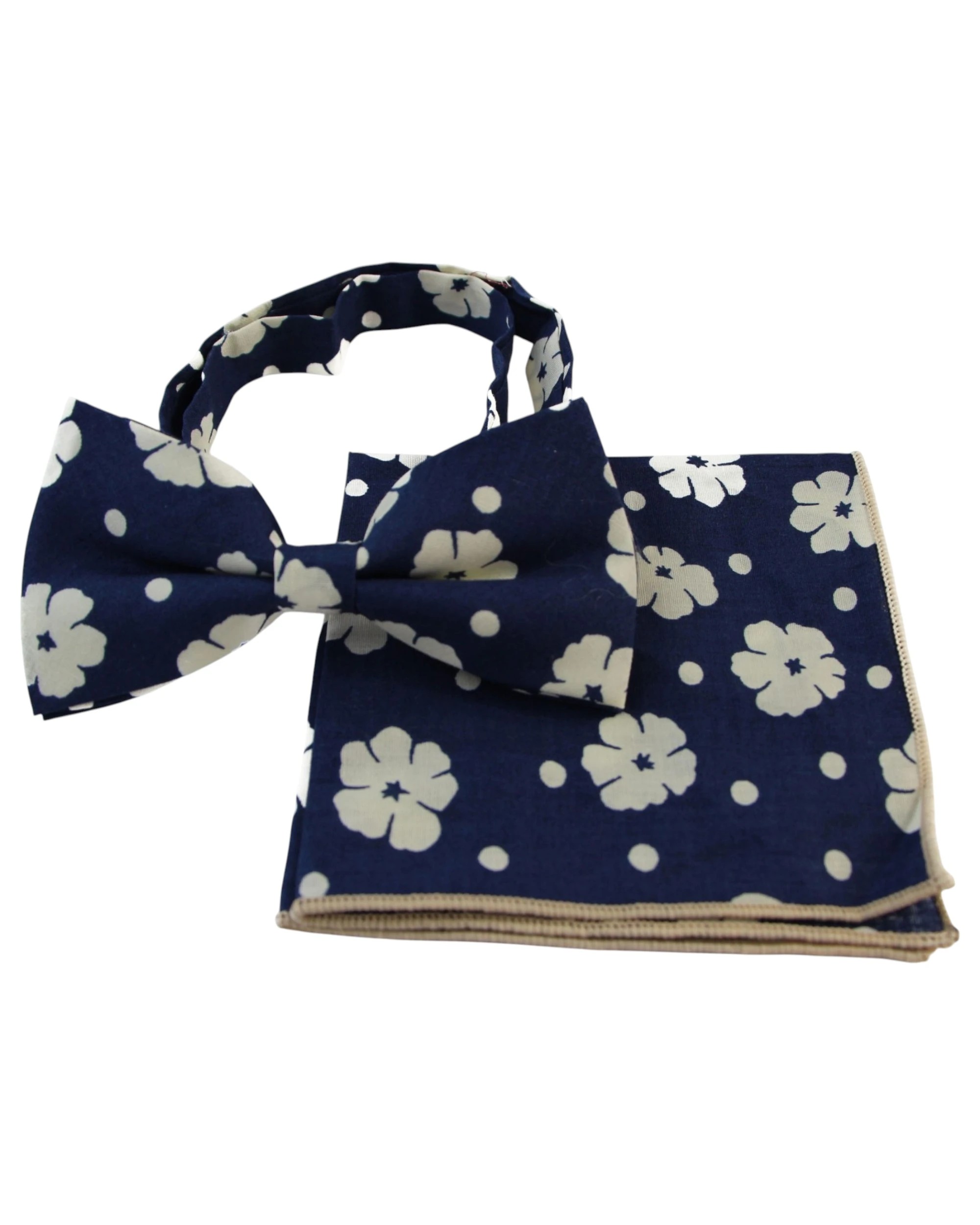 1 Zasel Mens Navy & Cream Flowers Cotton Bow Tie & Pocket Square Set - Multi, 1 of 4
