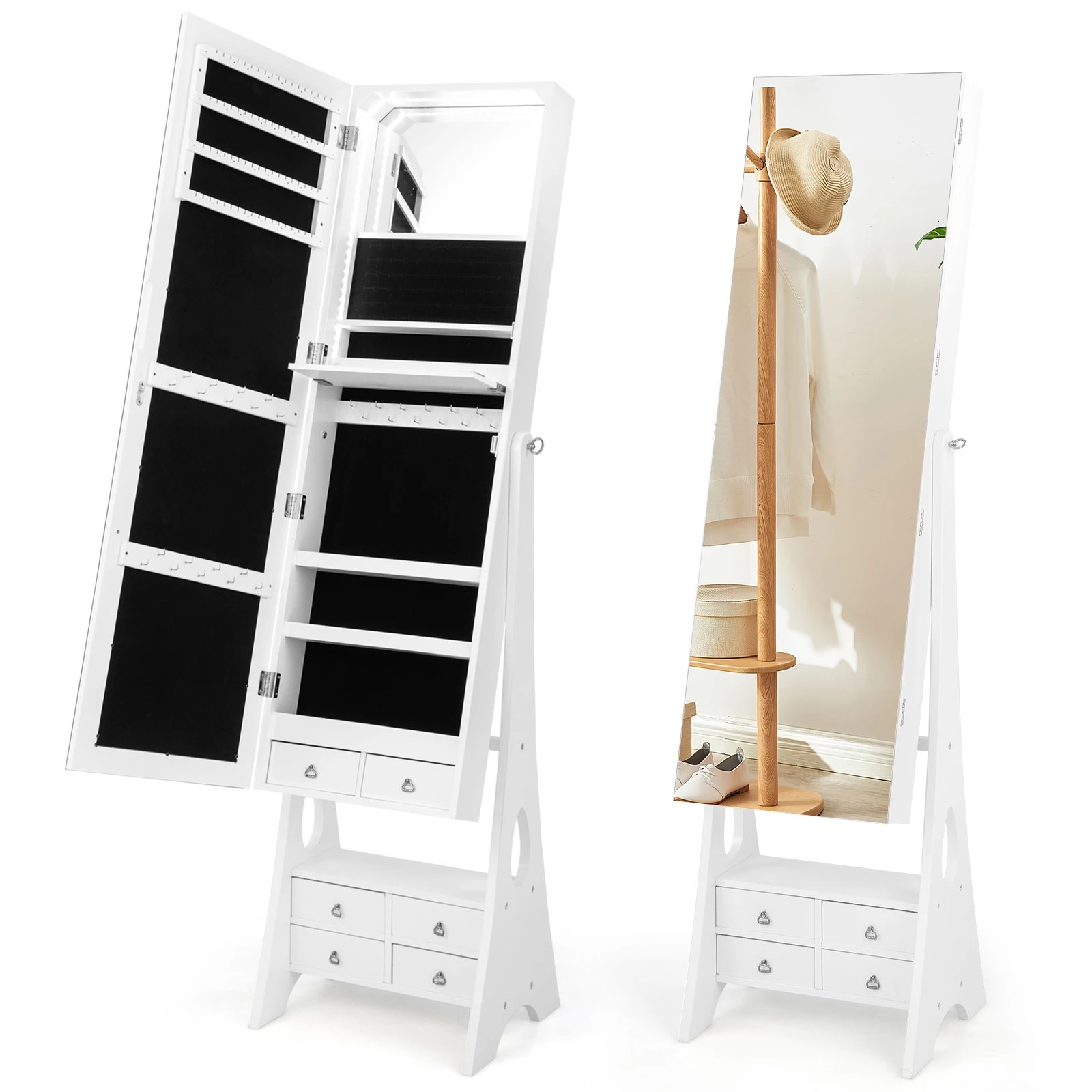 1 Costway Jewellery Cabinet Armoire Vanity Jewelry Organizer w/3-Color LED Makeup Mirror - White, 1 of 5