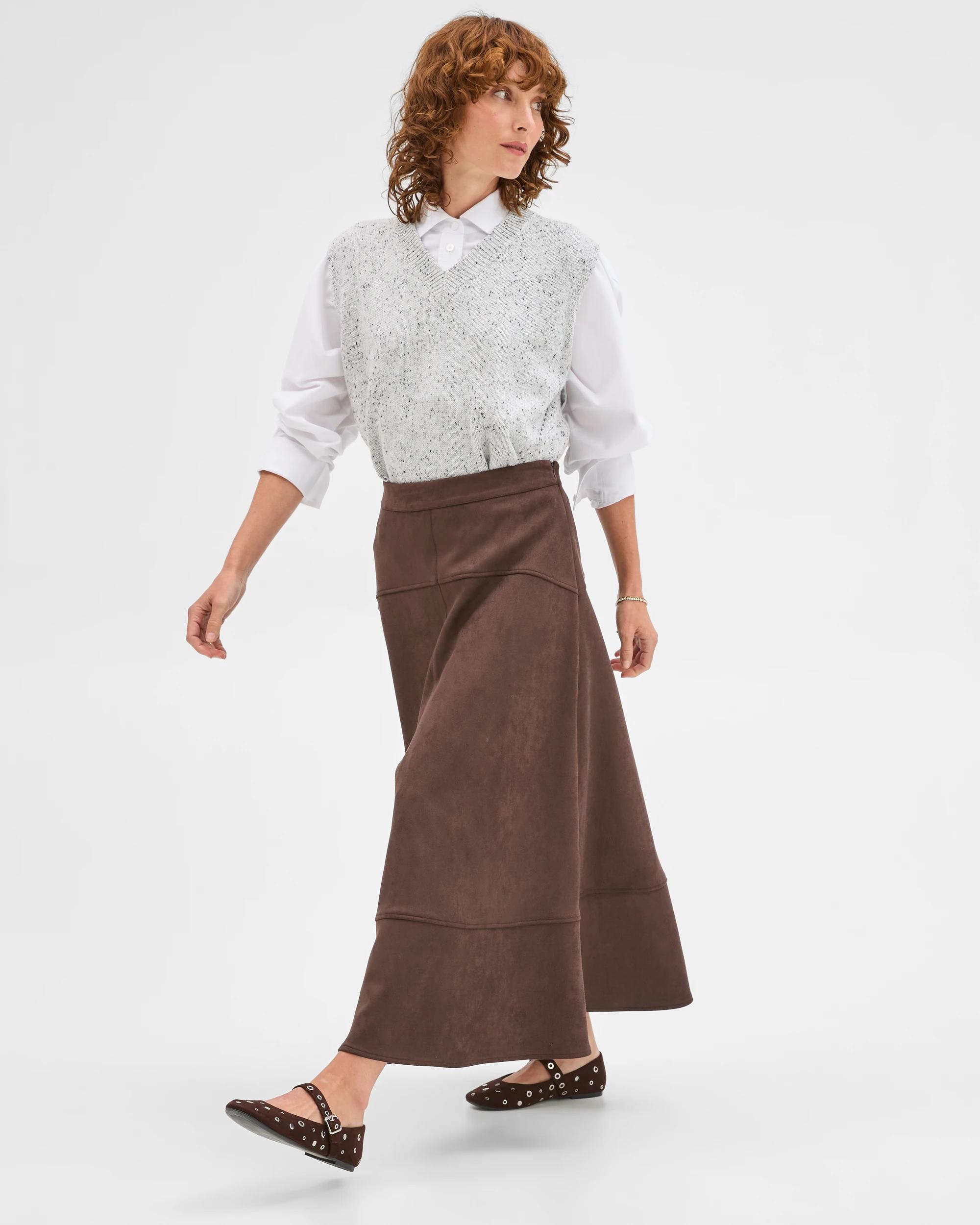 3 Target Woman Faux Suede Panelled Midi Skirt TAN, 3 of 6