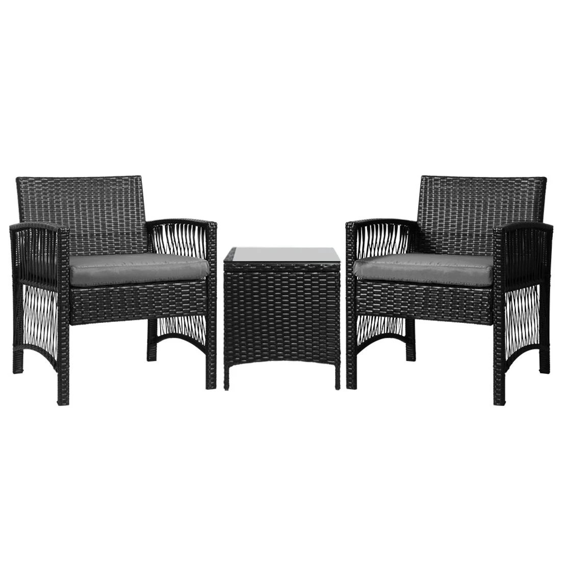 1 Gardeon 3pc Outdoor Bistro Set Patio Furniture Wicker Dining Chairs Table Cushion Patio Furniture Compact - Black, 1 of 6