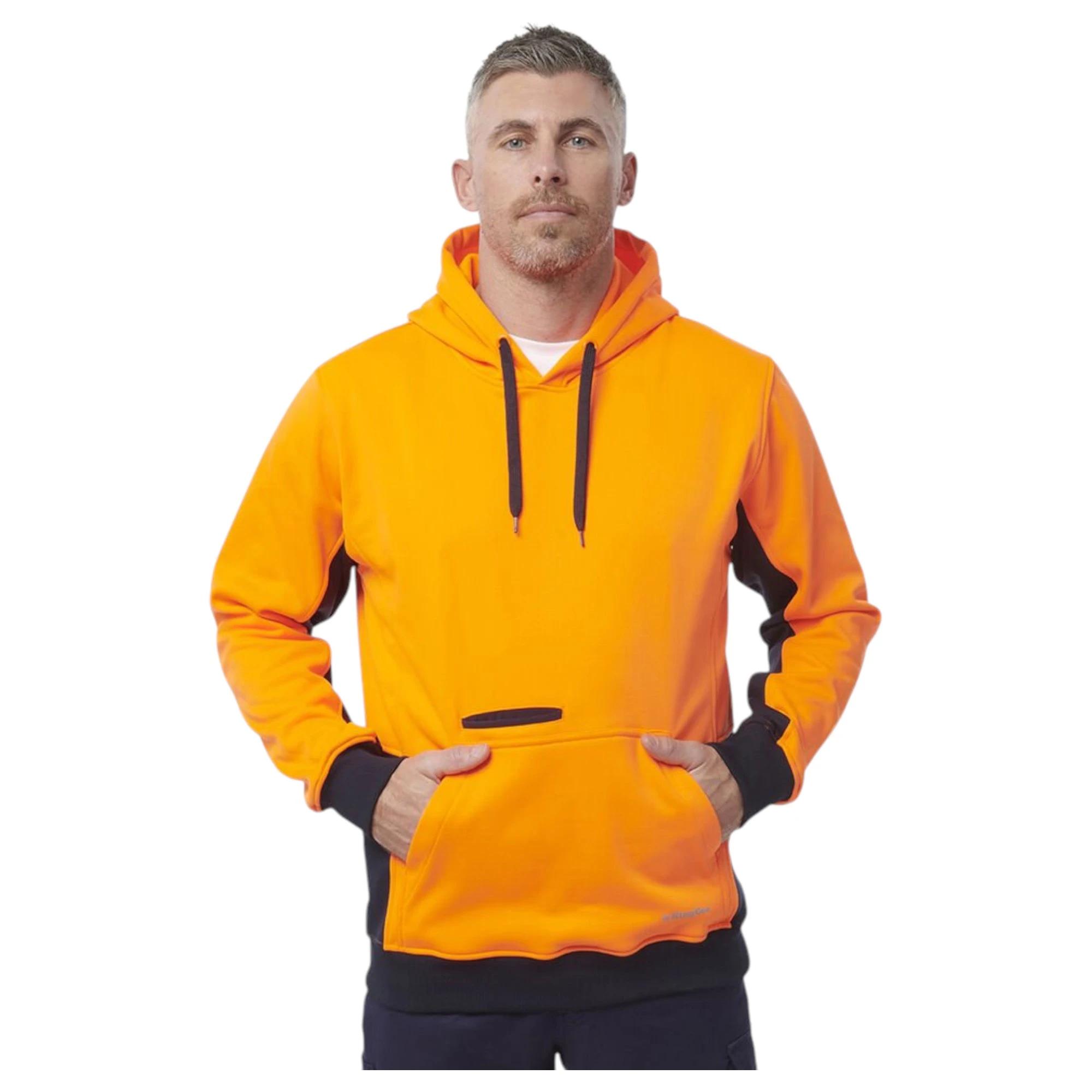 3 KingGee Mens Hi Vis Fleece Pullover Hoodie ORANGE/NAVY, 3 of 6