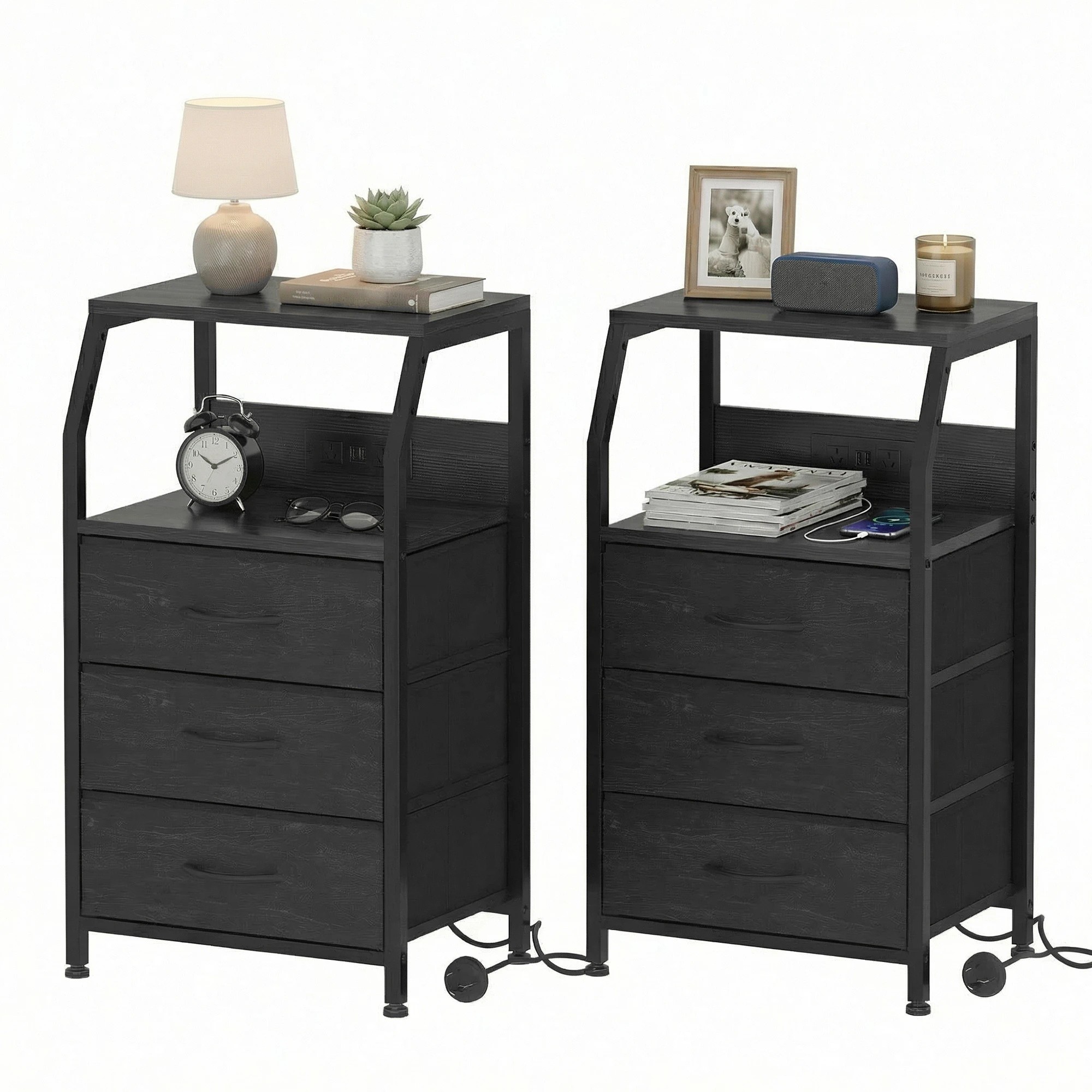 1 Advwin Set of 2 Bedside Table with Charging Station 3 Fabric Drawers Nightstand - Black, 1 of 9