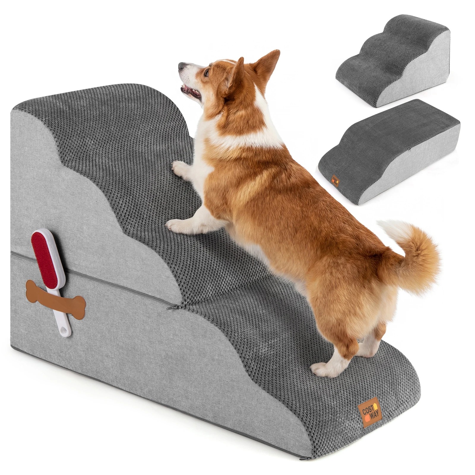6 Costway 5-Tier Foam Pet Ramp 2-in-1 Dog Stair Ladder w/Hair Remover - Grey, 6 of 7