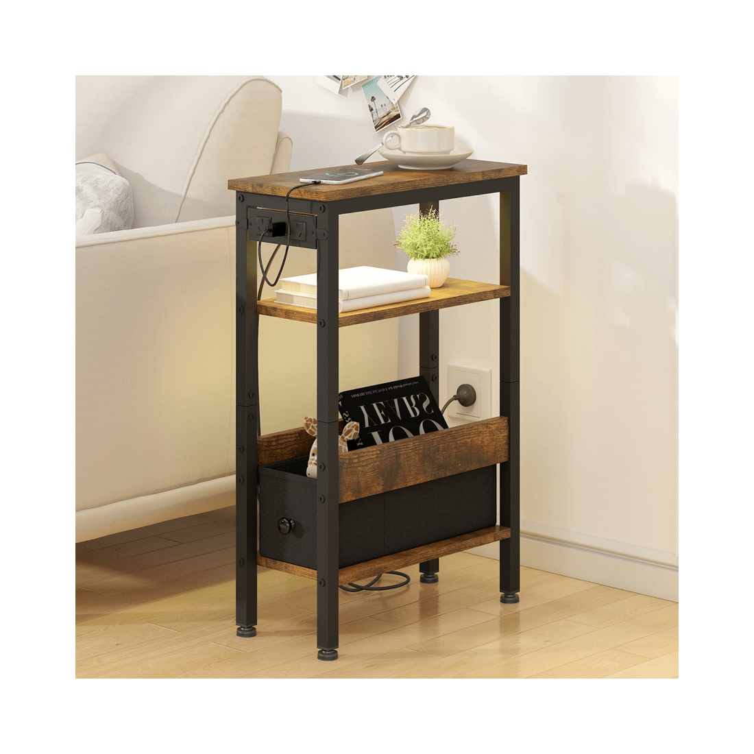 3 Advwin Led Side Table W/ Charging Station Narrow Bedside Table W/ Open Drawer & Open Shelf Walnut, 3 of 8