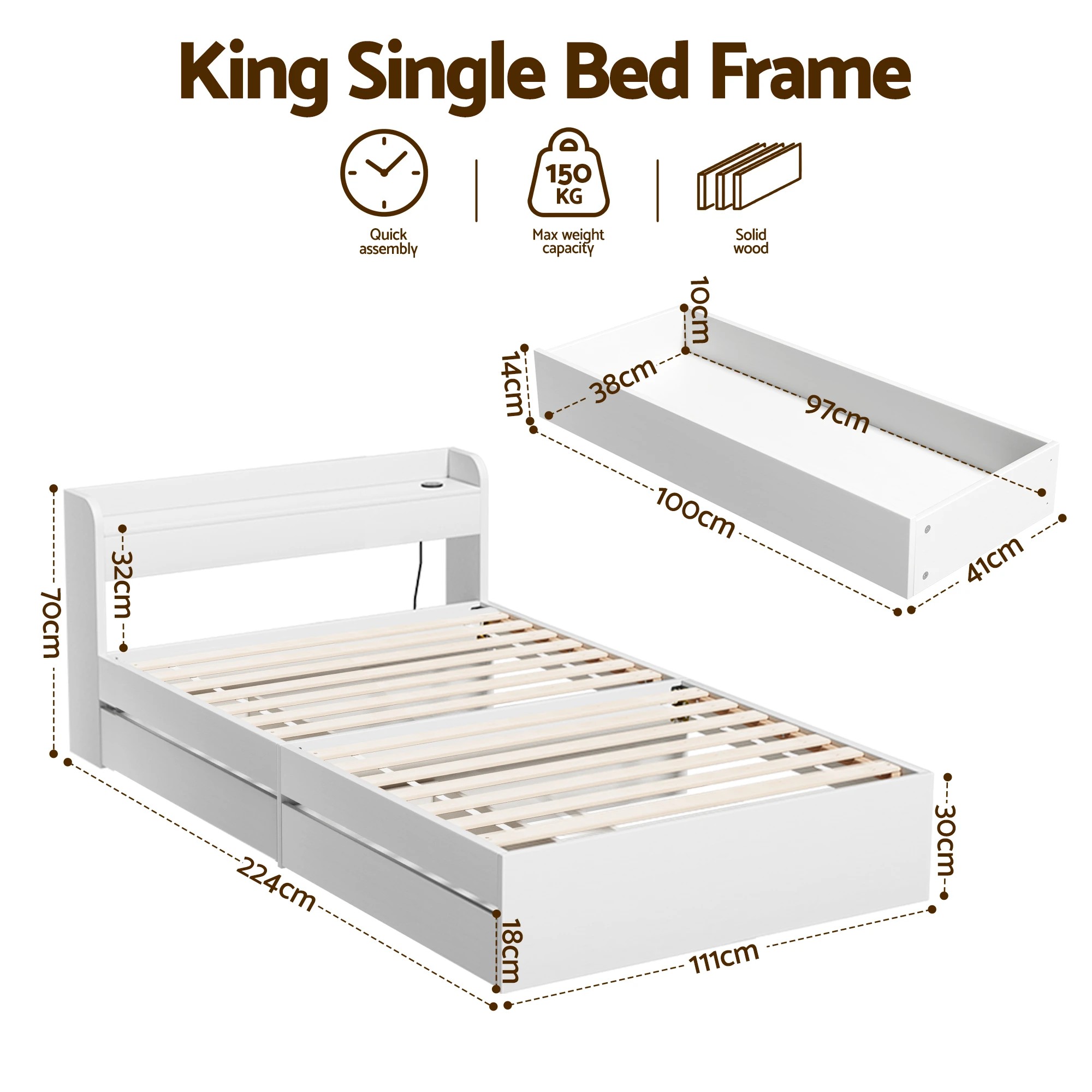2 Artiss Bed Frame King Single Size with Charging Ports and 2 Drawers - White, 2 of 3