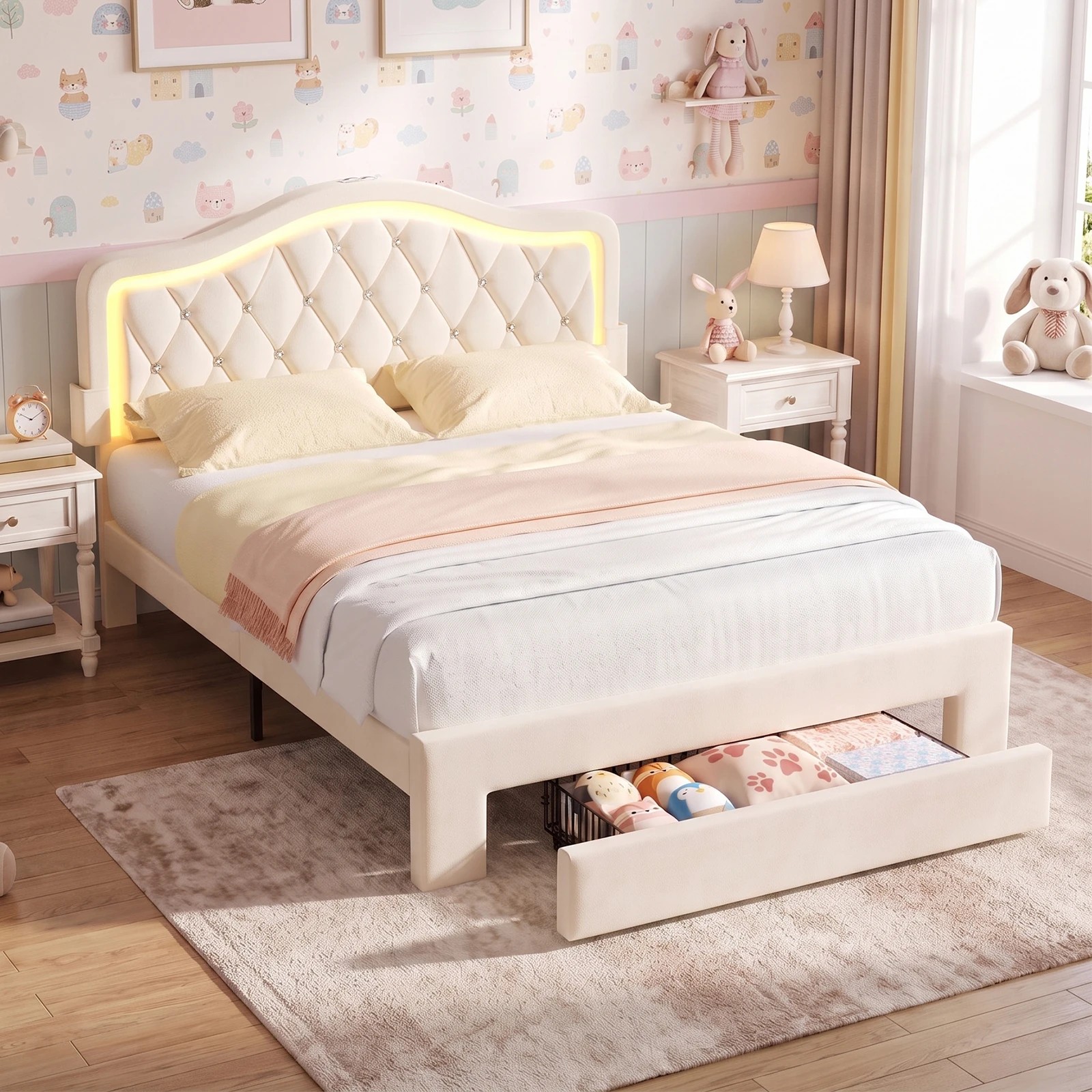 2 Advwin LED Velvet Bed Frame with Adjustable Headboard and Storage Drawer Double - Beige, 2 of 9