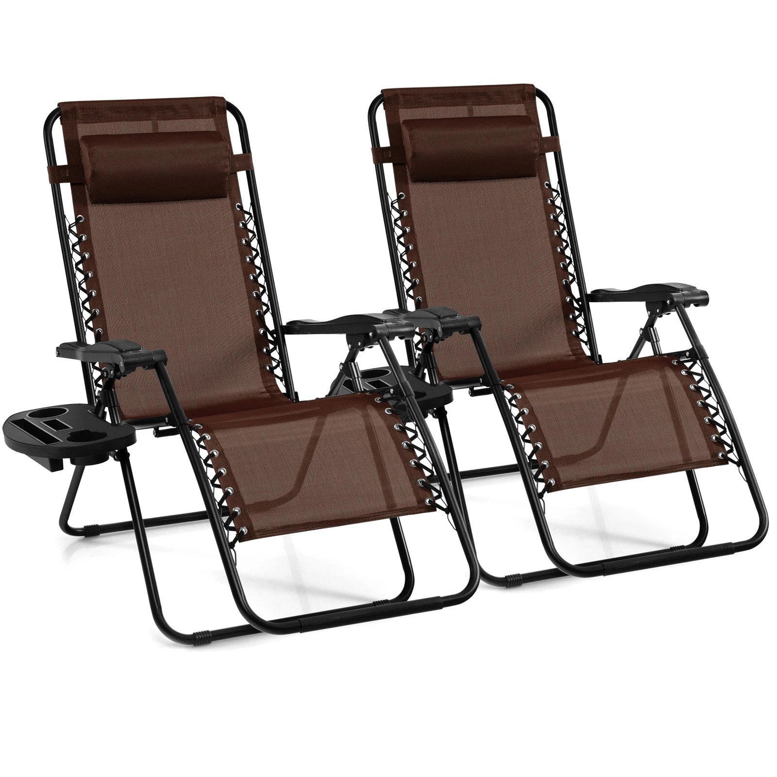 1 Costway 2x Folding Zero Gravity Chair Patio Sun Lounge Recliner w/Side Tray - Brown, 1 of 1