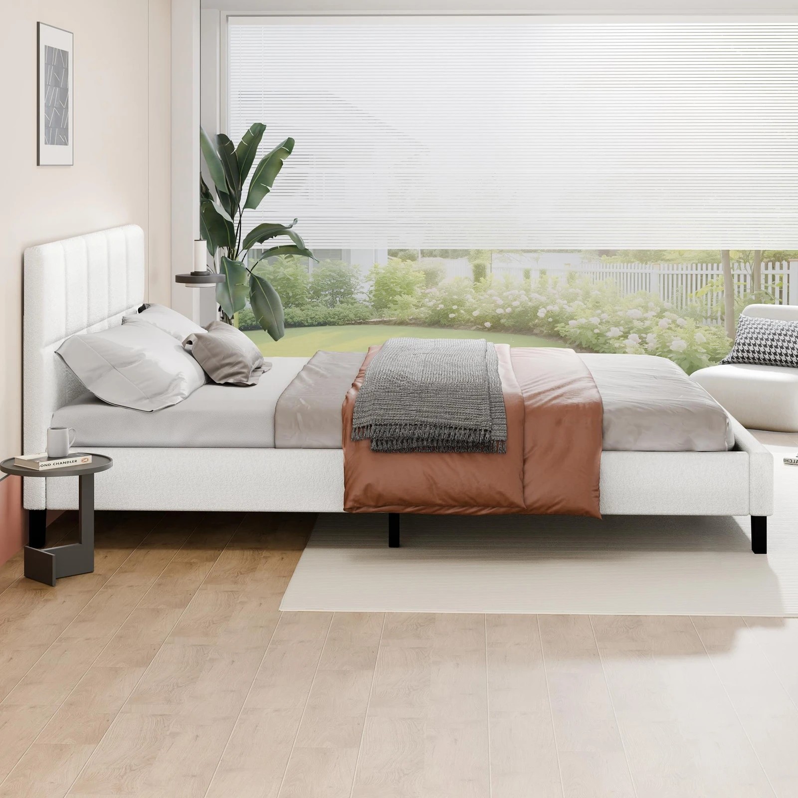 7 Alfordson Bed Frame King Size Wooden Platform Mattress Base Boucle Fabric - White, 7 of 10